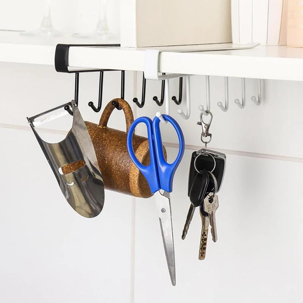 Colgador de Ropa con 6 Ganchos, Percha de Ropa Metálica, Colgador Utensilios Cocina, Ganchos para Colgar Ropa, Ideal para Aprovechar y Optimizar el Espacio, Fácil Instalación y Sin Perforaciones, 25 x 4 x 2,5 cm