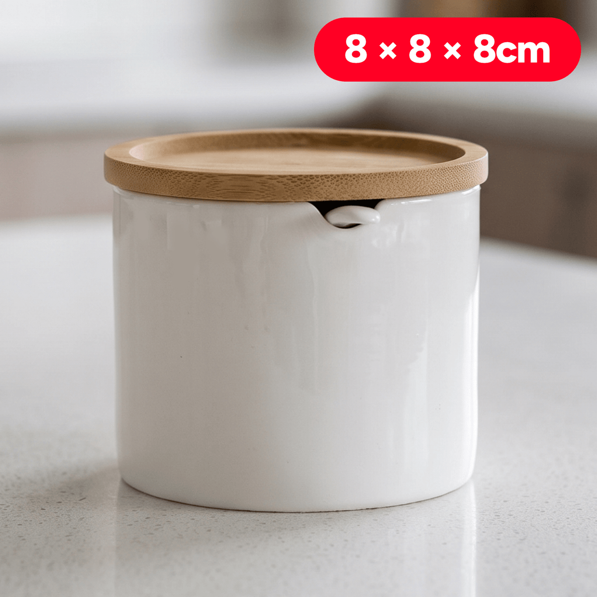 Azucarero Circular con Tapa y Cuchara, Azucarero Ceramica con Tapa de Bambú, Recipiente para Especias y Aliños, Blanco, 8 x 8 x 8 cm