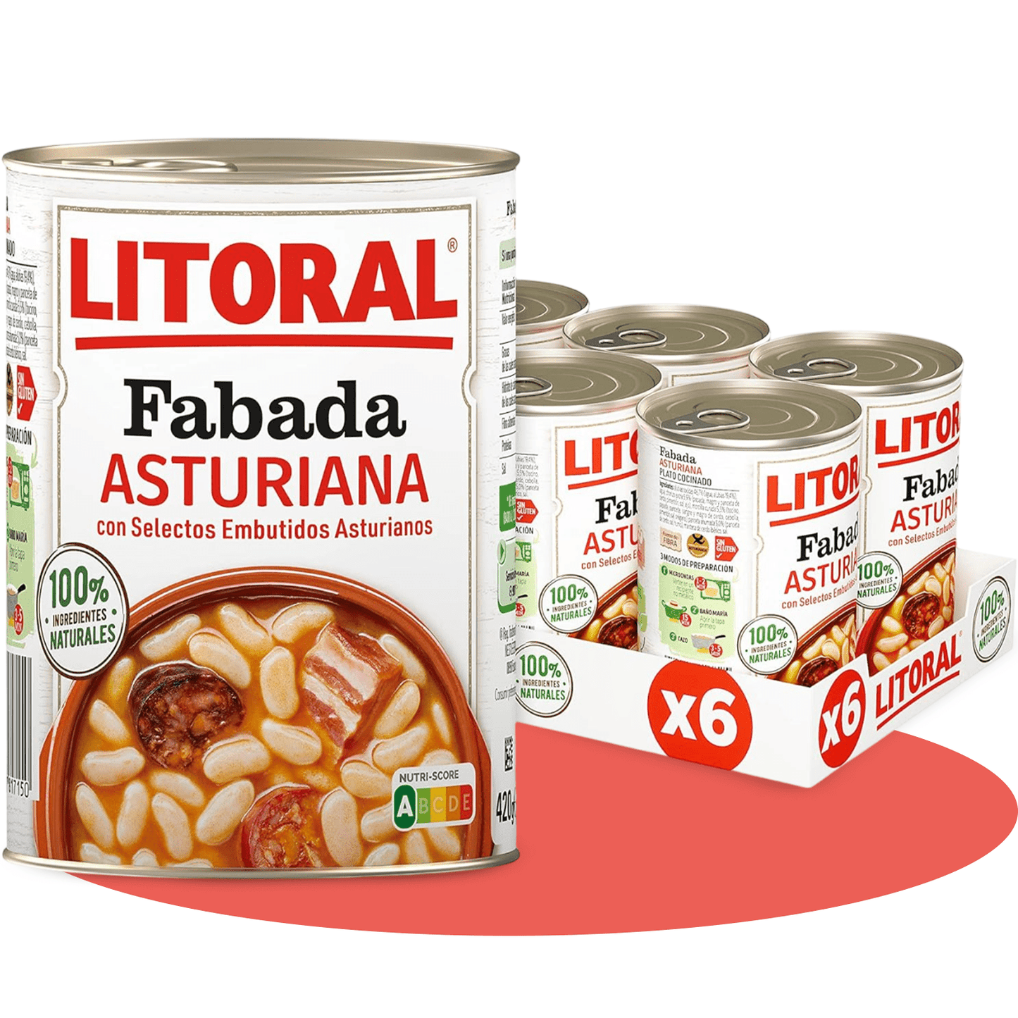LITORAL Fabada Asturiana, Plato Preparado de Fabada Asturiana con Embutido Selecto, 420g, Pack Ahorro de 6 Unidades