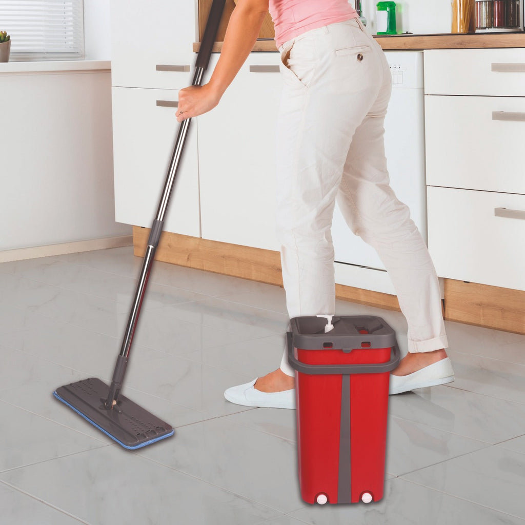 Fregona y Cubo de Limpieza Escurridor con Compartimentos, Cabezal Plano y Flexible Rotación 360. Cubo Escurrefacil. Recipiente Auto Limpiante que Permite el Lavado y Secado de la Mopa. Se puede usar en Seco o en Mojado. Ideal para Limpiar Suelos, Paredes