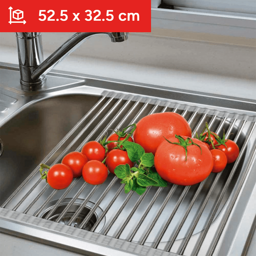 Escurridor de Platos para Fregadero, Escurridor de Platos Enrrollable de Acero Inoxidable, Escurridor Multifuncional sobre Fregadero, Escurridor de Platos Plegable, Colador de Cocina para Frutas y Verdurias, Fácil de Limpiar, Ahorra Espacio, Color Gris