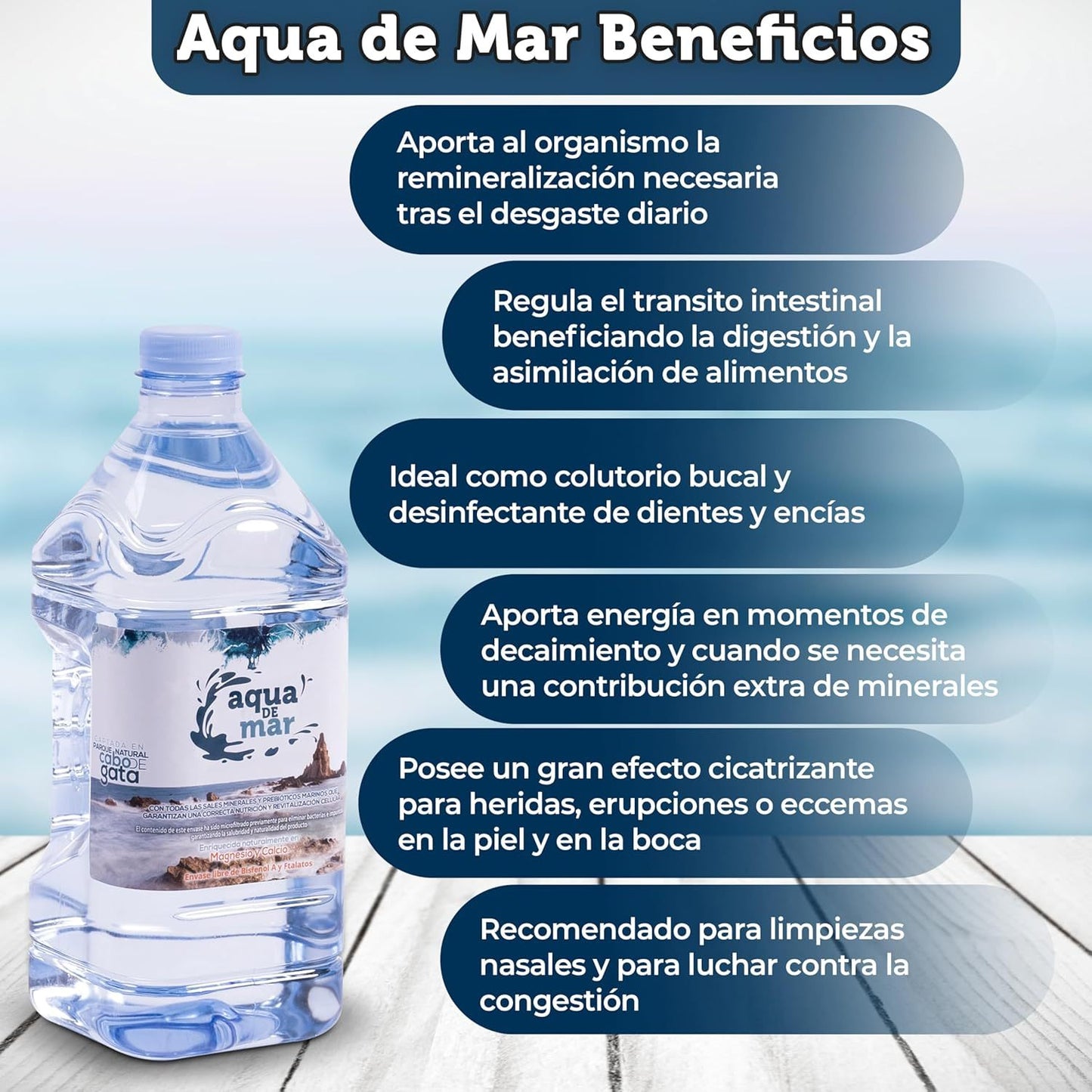 Agua de Mar Hipertónica, 6 Garrafas de 2 Litros, Rica en Minerales, Equilibra el PH, Fortalece el Sistema Inmunológico, Ultrafiltrada en Frío, Captada en el Parque Natural Cabo de Gata (Almería)