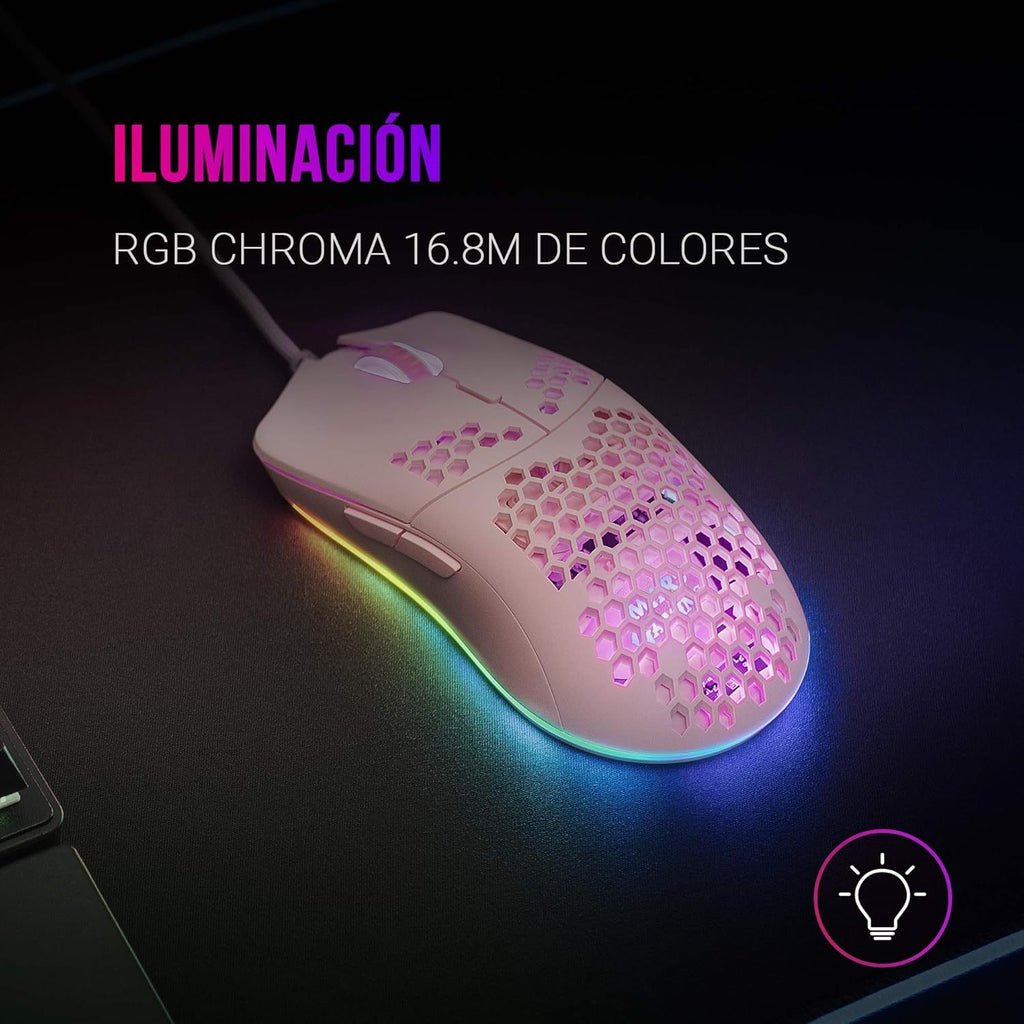 Mars Gaming MMAX, Ratón Gaming Ultraligero 69g, Sensor PixArt 12400DPI, RGB Chroma, 7 Botones Programables, Switches HUANO, Cable Feather, Windows/Linux/Mac/PS4/PS5/ Xbox One/Xbox Series X-S, Rosa