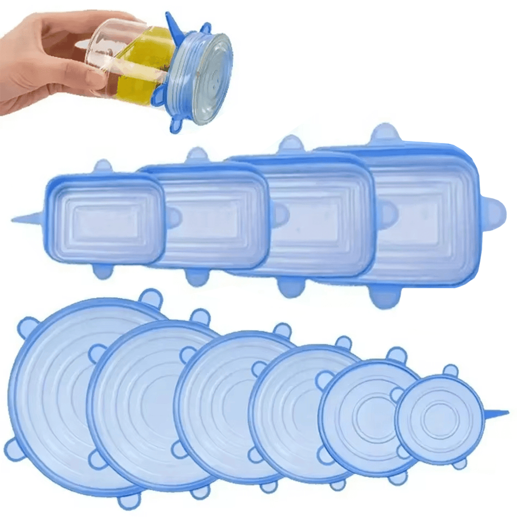 Set 10 Tapas Elásticas de Silicona Reutilizables, Fáciles de Lavar, Apto para Microondas, Nevera y Lavavajillas, Hecho de Silicona Resistente y Flexible, 4 Tapas Elásticas Rectangulares Azules, 6 Tapas Elásticas Circulares Azules