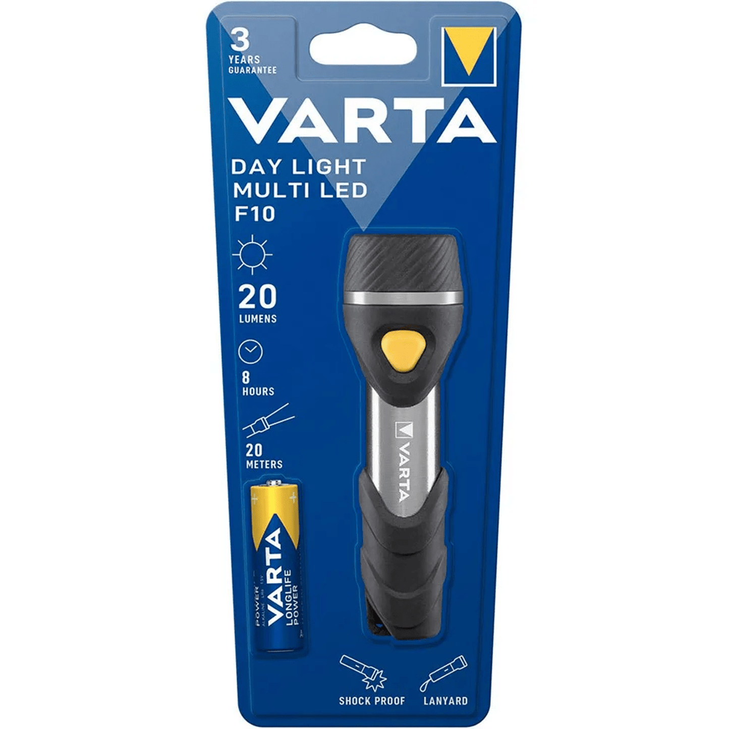 Linterna con Pilas, Multi LED, 20 Lumens, 8h de Duración, 20m de Alcance, Carcasa Resistente a Golpes, Correa de Mano Incluida, Funciona con 1 Pila AA (incluida), 12.6cm de Longitud - VARTA