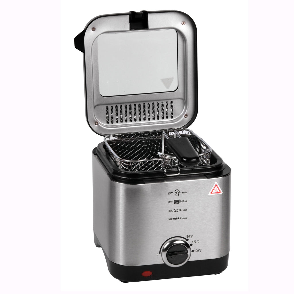 Freidora de Aceite, Freidora Eléctrica con 1,5 Litros de Capacidad, Tapadera Extraíble con Ventana, Facil Limpieza, Selector de Temperatura: 150ºC-190ºC, Carcasa de Acero Inoxidable, Contenedor de Aceite con Revestimiento Antiadherente, Tamaño Compacto