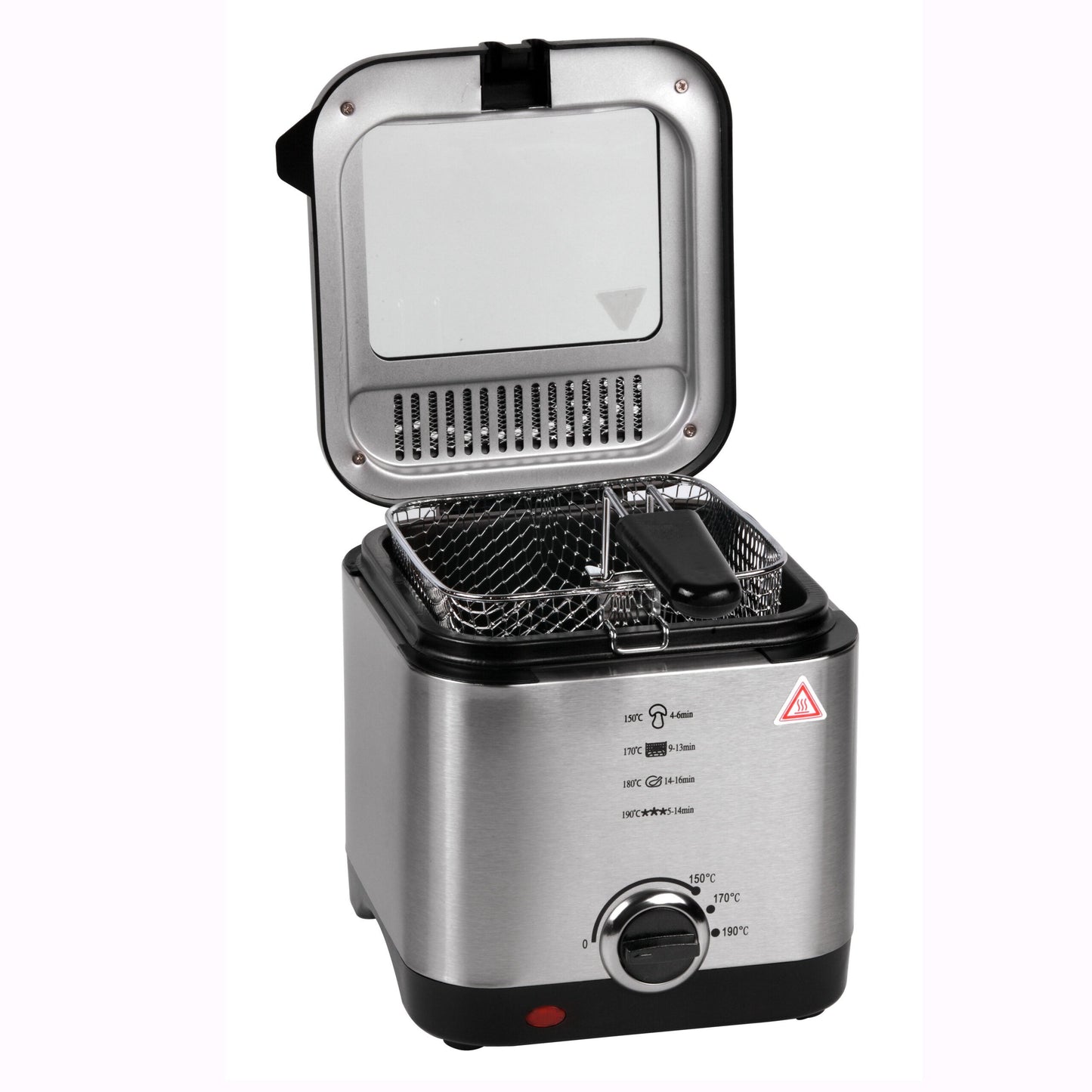 Freidora de Aceite, Freidora Eléctrica con 1,5 Litros de Capacidad, Tapadera Extraíble con Ventana, Facil Limpieza, Selector de Temperatura: 150ºC-190ºC, Carcasa de Acero Inoxidable, Contenedor de Aceite con Revestimiento Antiadherente, Tamaño Compacto