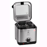 Freidora de Aceite, Freidora Eléctrica con 1,5 Litros de Capacidad, Tapadera Extraíble con Ventana, Facil Limpieza, Selector de Temperatura: 150ºC-190ºC, Carcasa de Acero Inoxidable, Contenedor de Aceite con Revestimiento Antiadherente, Tamaño Compacto