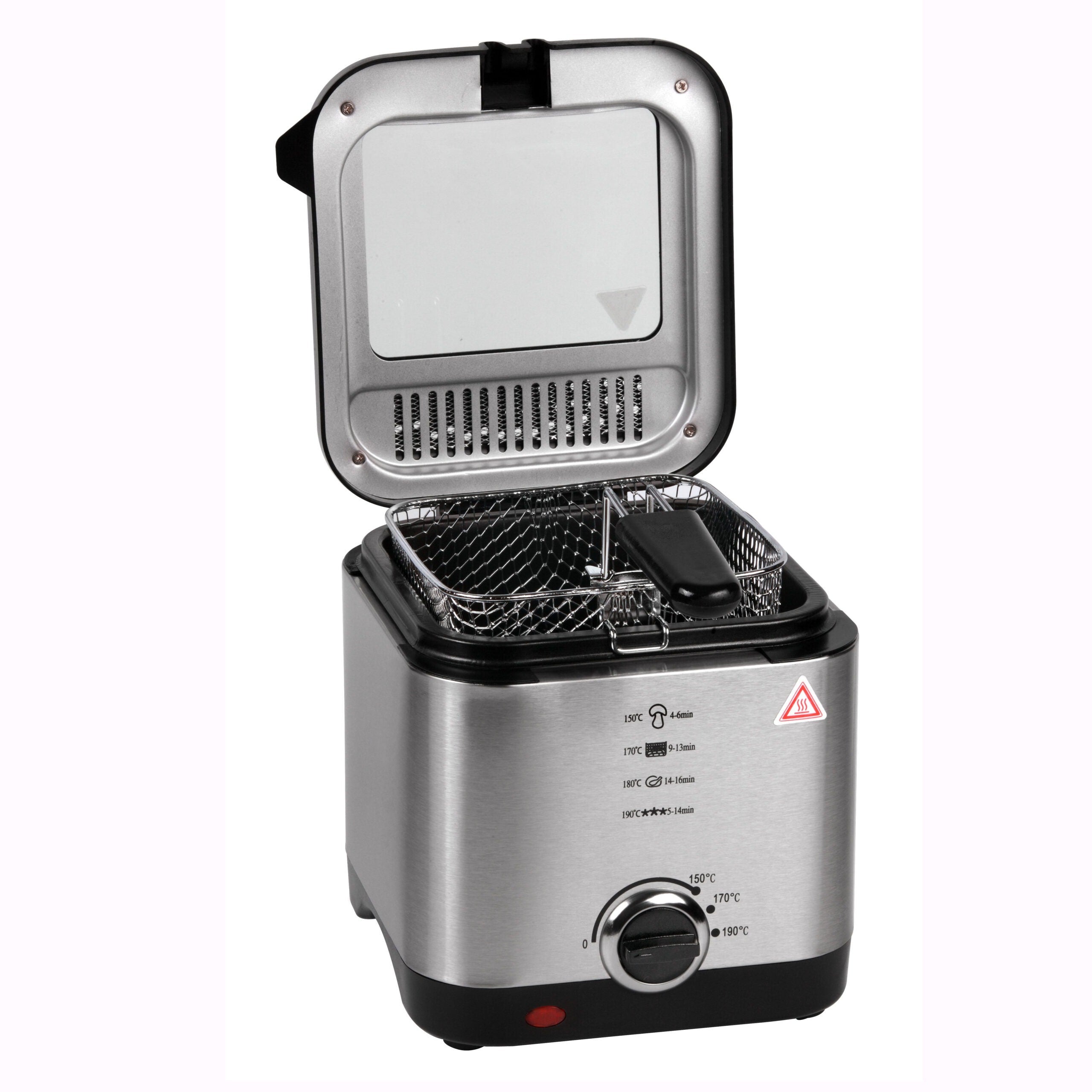 Freidora de Aceite, Freidora Eléctrica con 1,5 Litros de Capacidad, Tapadera Extraíble con Ventana, Facil Limpieza, Selector de Temperatura: 150ºC-190ºC, Carcasa de Acero Inoxidable, Contenedor de Aceite con Revestimiento Antiadherente, Tamaño Compacto