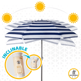 Sombrilla Playa Grande, 200cm / 220cm, Inclinable, Protección UV 50, Hecha de Aluminio y Tela Oxford con Revestimiento, Forma Única para Favorecer la Ventilación, 8 Varillas Resistentes y Flexibles, Ancho Tubo 28/32mm