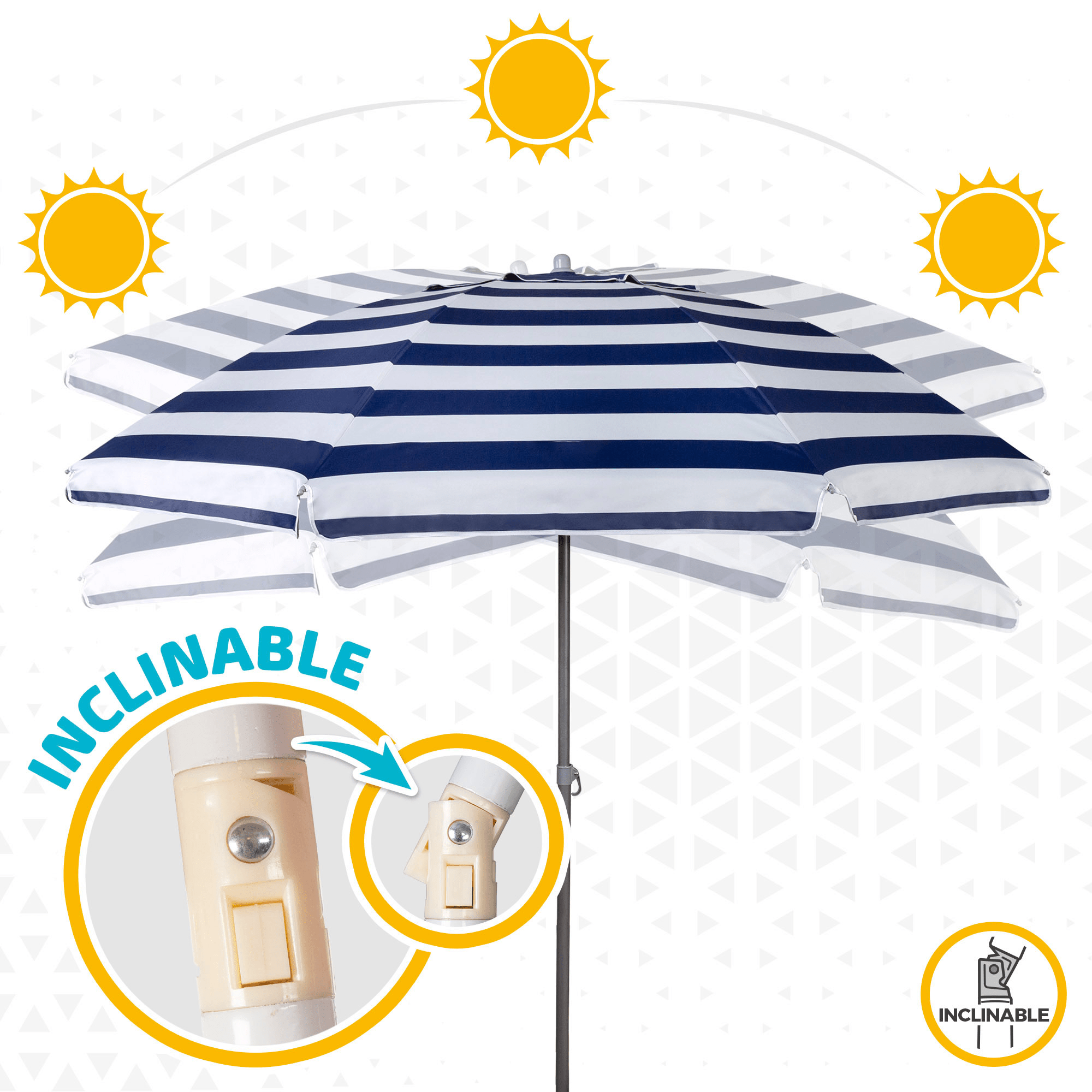 Sombrilla Playa Grande, 200cm / 220cm, Inclinable, Protección UV 50, Hecha de Aluminio y Tela Oxford con Revestimiento, Forma Única para Favorecer la Ventilación, 8 Varillas Resistentes y Flexibles, Ancho Tubo 28/32mm