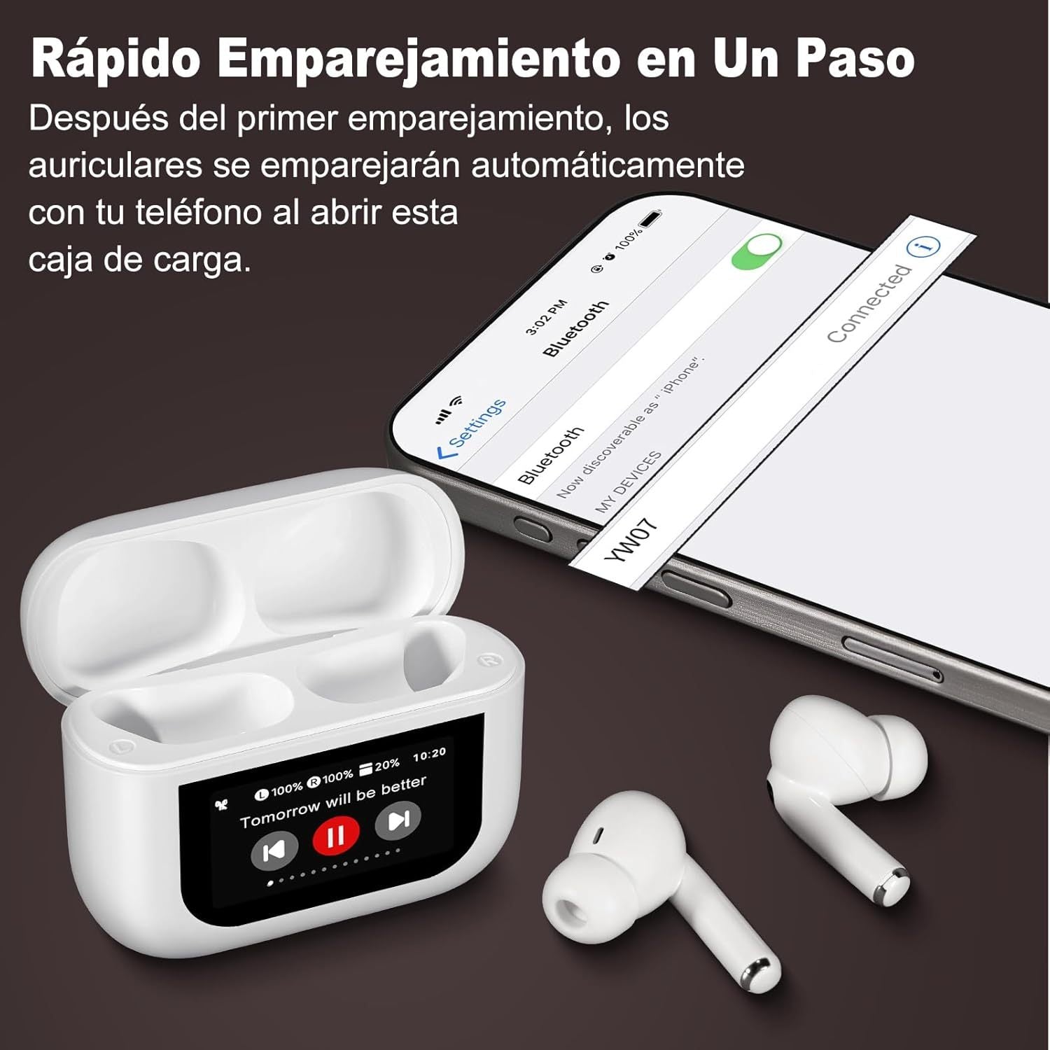 Auriculares Inalambricos de Bluetooth con Estuche de Carga, Distancia de Transmisión: 10m, 7h de Tiempo de Uso, Pantalla Táctil, Rango de Respuesta de Frecuencia: 20Hz-20KHZ, Carga USB, Capacidad de Batería de los Auriculares: 40mAh