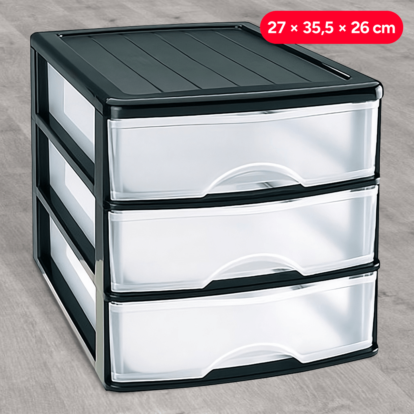 Cajonera Almacenamiento Plástico de Sobremesa, 3 Cajones, Ideal para Ordenar y Organizar el Hogar, Negro