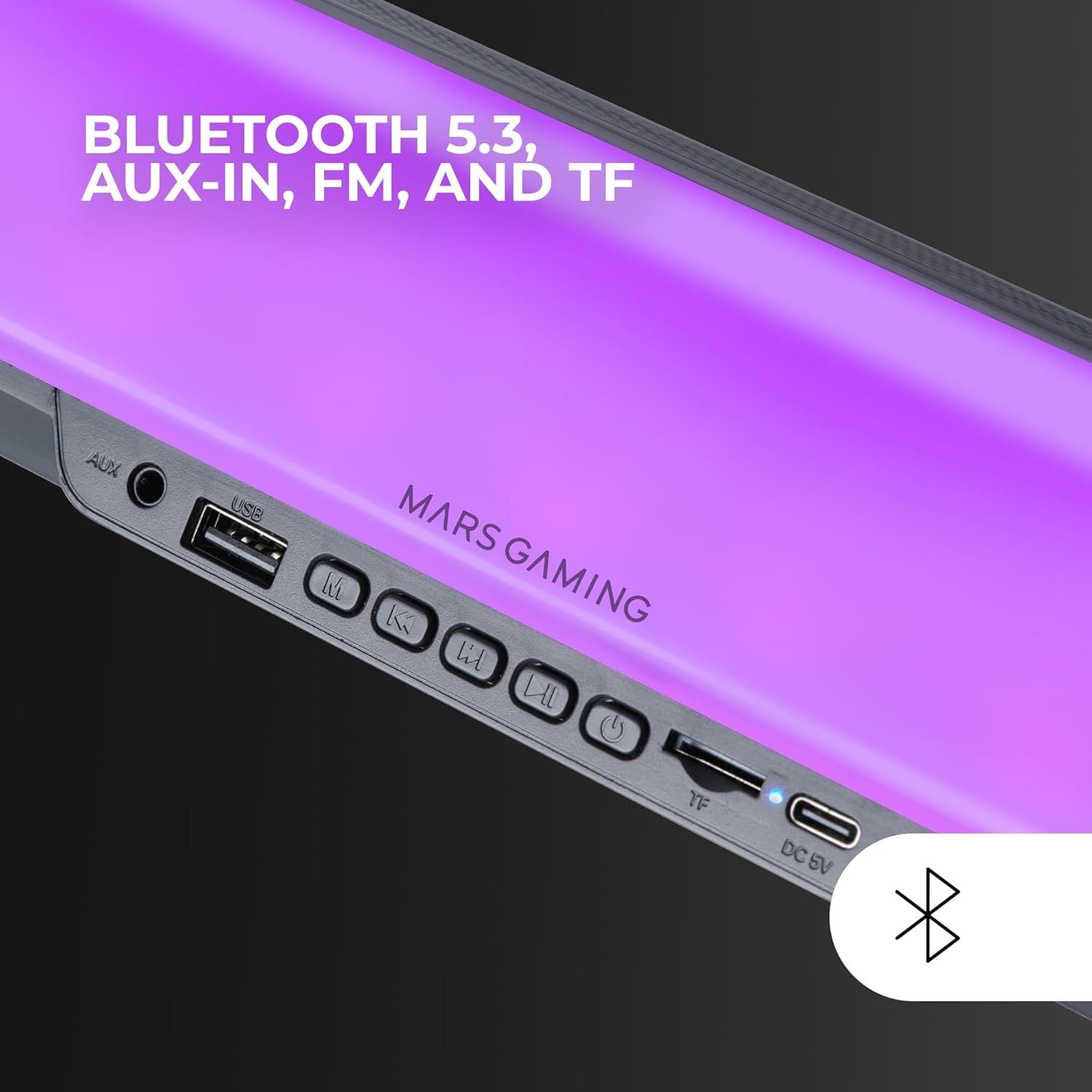 Mars Gaming MSB-Orb, Altavoz Portátil + Barra de Sonido 20W, Iluminación Orbilight RGB 360º, Soundbar con Sistema de Triple Driver, Altavoces Gaming Bluetooth 5.3 / USB/MicroSD/AUX/FM, Negro
