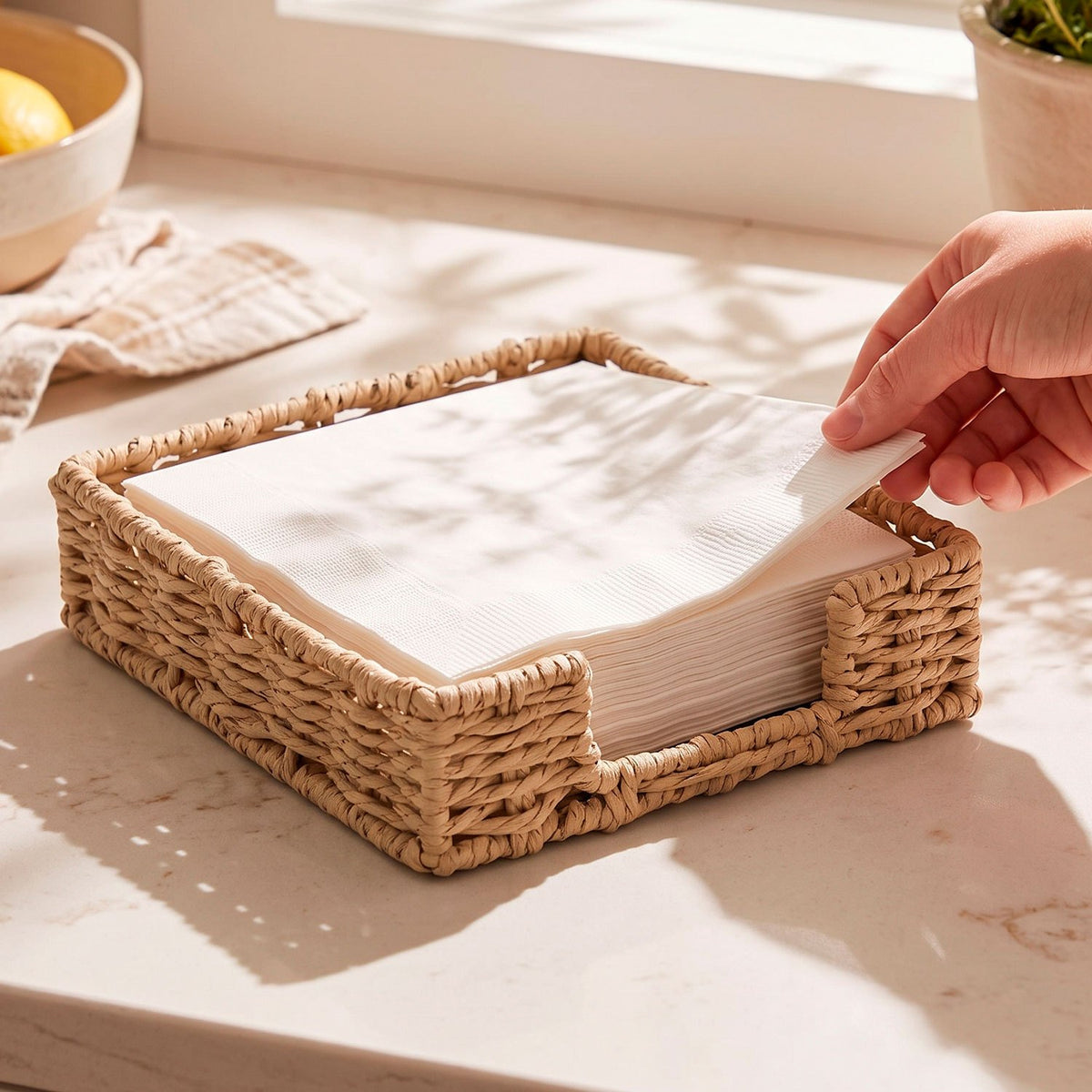 Servilletero de Mesa Tejido, para Organizar Servilletas en Cocina y Comedor, Diseño Decorativo de Estilo Natural, Color Beige, 18 x 18 x 5 cm