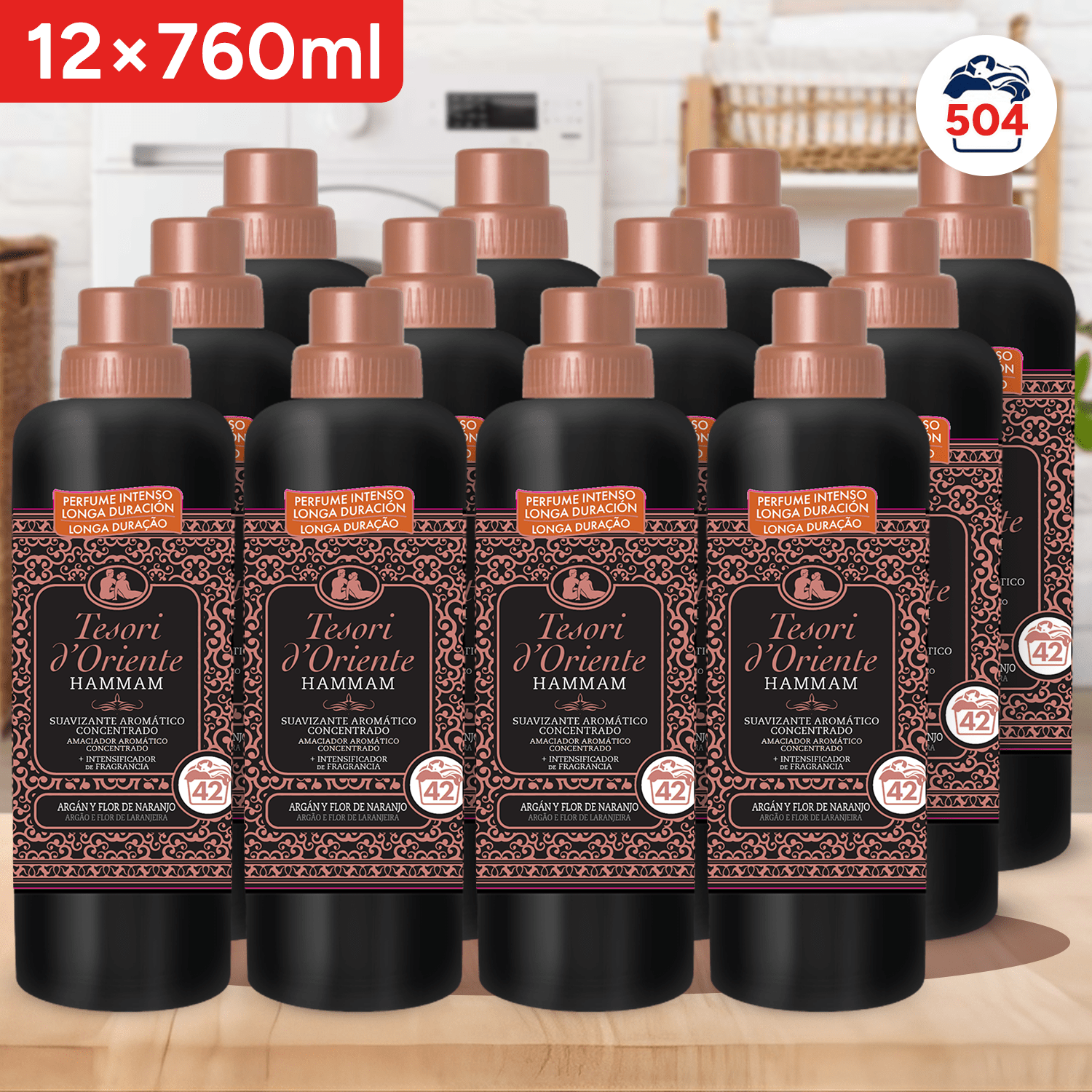 Tesori d'Oriente, Perfumador y Suavizante de Ropa Líquido Concentrado para Lavadora Hammam, Aroma de Argán y Flor de Naranjo, Microcápsulas para Fragancia Duradera, Facilita el Planchado, 760ml - 42 Lavados por Botella