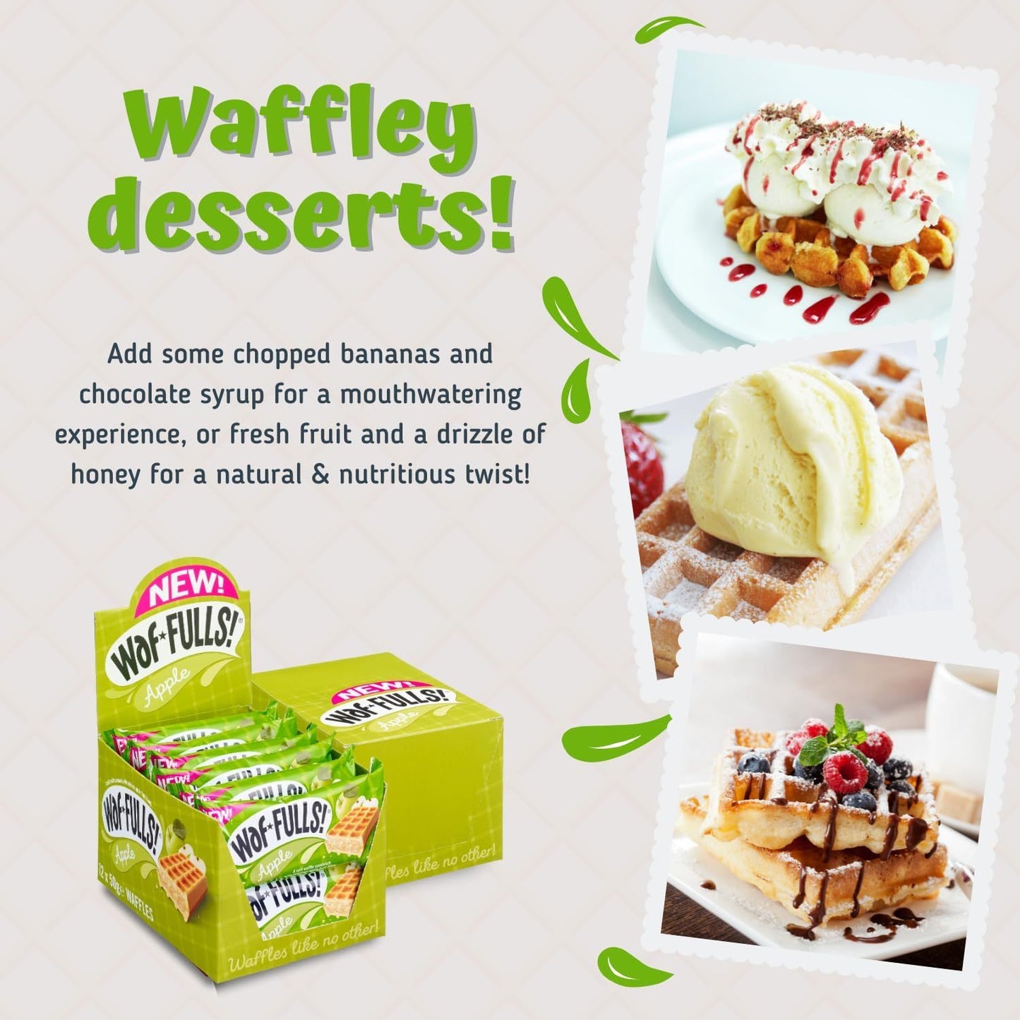 WafFULLS! Gofres de Manzana, 12 Gofres para Picoteo, Desayuno y Merienda, Barritas Esponjosas Rellenas de Crema de Manzana, Gofres Envueltos Individualmente Listo para Comer, Caja con 12 Gofres