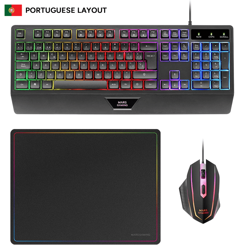 Mars Gaming MCP124, Combo Gaming 3en1, Teclado Ergonómico H-Mech LED RGB, Ratón RGB 3200DPI Switches HUANO, Alfombrilla Nanotextil 360x260mm, Compatibilidad Multiplataforma, Layout Portugués, Negro