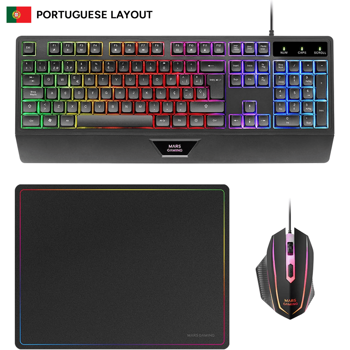 Mars Gaming MCP124, Combo Gaming 3en1, Teclado Ergonómico H-Mech LED RGB, Ratón RGB 3200DPI Switches HUANO, Alfombrilla Nanotextil 360x260mm, Compatibilidad Multiplataforma, Layout Portugués, Negro