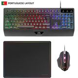 Mars Gaming MCP124, Combo Gaming 3en1, Teclado Ergonómico H-Mech LED RGB, Ratón RGB 3200DPI Switches HUANO, Alfombrilla Nanotextil 360x260mm, Compatibilidad Multiplataforma, Layout Portugués, Negro