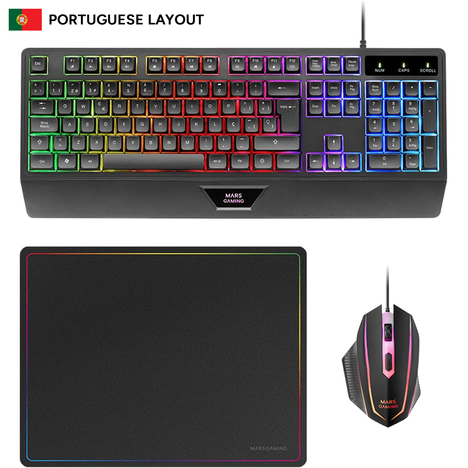 Mars Gaming MCP124, Combo Gaming 3en1, Teclado Ergonómico H-Mech LED RGB, Ratón RGB 3200DPI Switches HUANO, Alfombrilla Nanotextil 360x260mm, Compatibilidad Multiplataforma, Layout Portugués, Negro