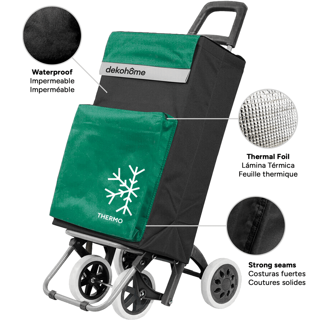 Carro Compra Plegable 4 Ruedas con Bolsillo Térmico para Congelados, Carro Plegable con Ruedas, 54 Litros de Capacidad y 40 Kg de Carga Máxima, Compartimentos Extra, Ruedas Grandes Resistentes para Facilitar el Movimiento y el Transporte del Peso