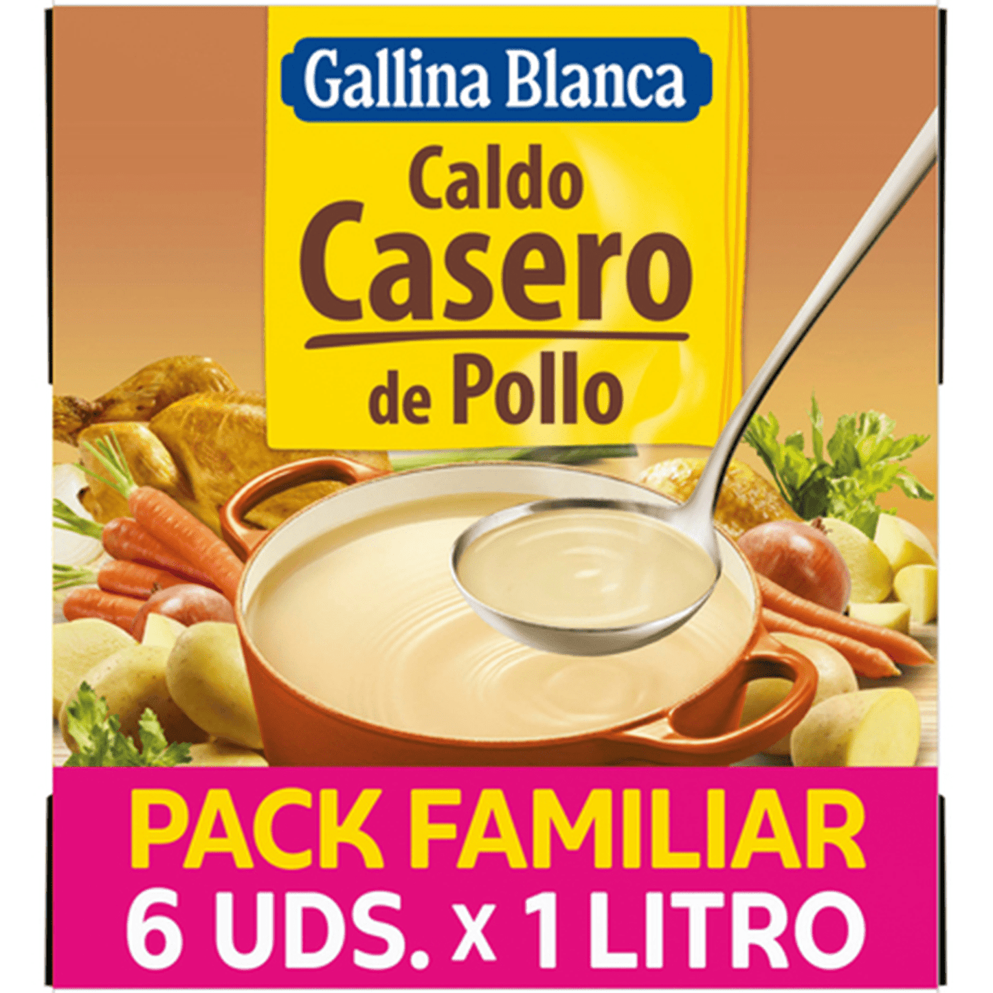 GALLINA BLANCA Caldo Casero de Pollo 100% Natural, Elaborado con Pollo Fresco y Verduras de la Huerta, Cocinado a Fuego Lento Durante 3h. Sin Gluten, Sin Conservantes, Bajo en Grasa, Caja de 6 Unidades de 1L