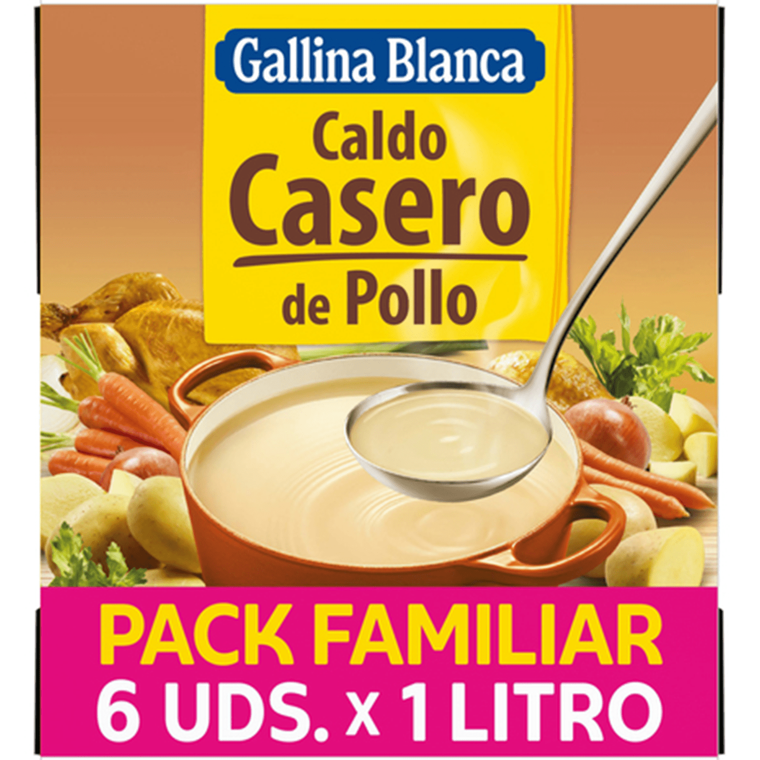 GALLINA BLANCA Caldo Casero de Pollo 100% Natural, Elaborado con Pollo Fresco y Verduras de la Huerta, Cocinado a Fuego Lento Durante 3h. Sin Gluten, Sin Conservantes, Bajo en Grasa, Caja de 6 Unidades de 1L