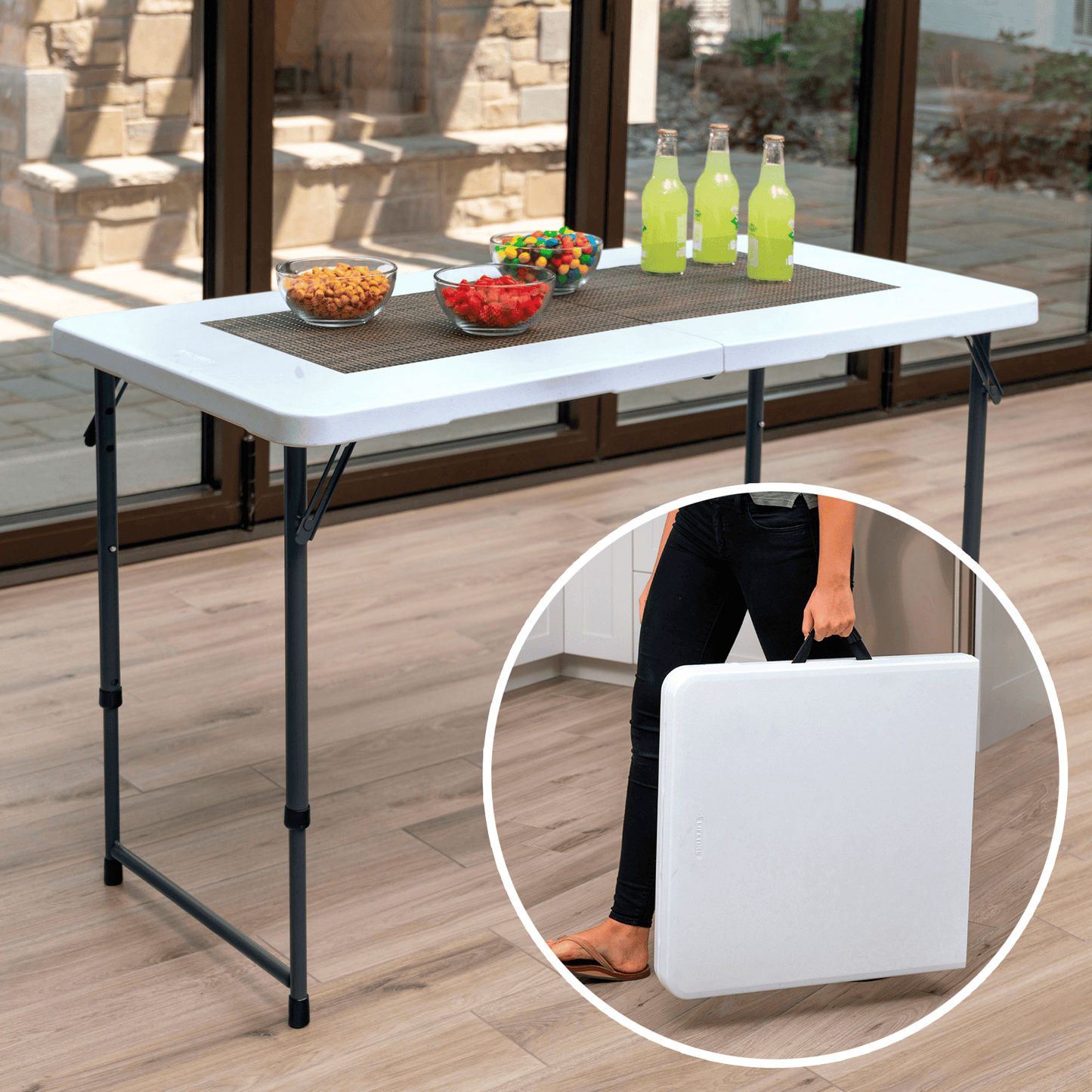 Mesa Plegable Portátil, Mesa Camping Plegable con Asa para Fácil Transporte, 4 Alturas Regulables, Resistente al Agua y Rayos UV, Soporta hasta 340Kg, Esquinas Reforzadas, Diseño Ligero, Resistente a Manchas