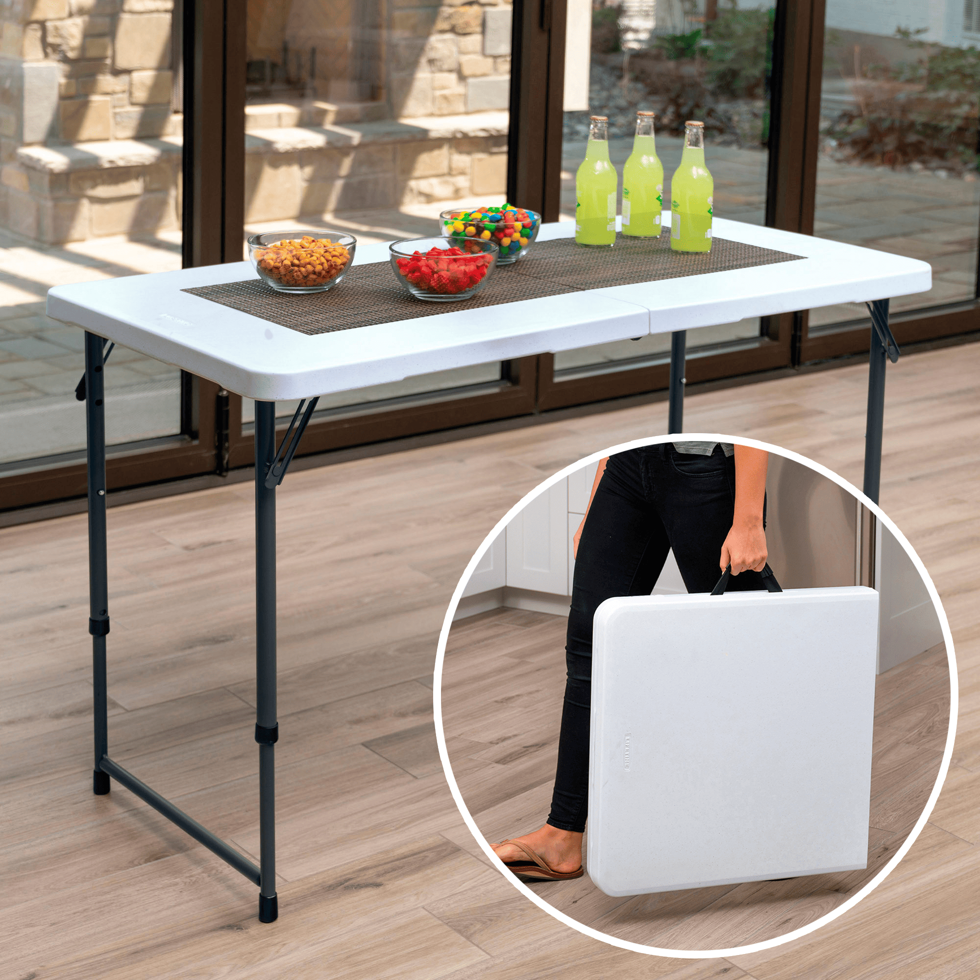 Mesa Plegable Portátil, Mesa Camping Plegable con Asa para Fácil Transporte, 4 Alturas Regulables, Resistente al Agua y Rayos UV, Soporta hasta 340Kg, Esquinas Reforzadas, Diseño Ligero, Resistente a Manchas