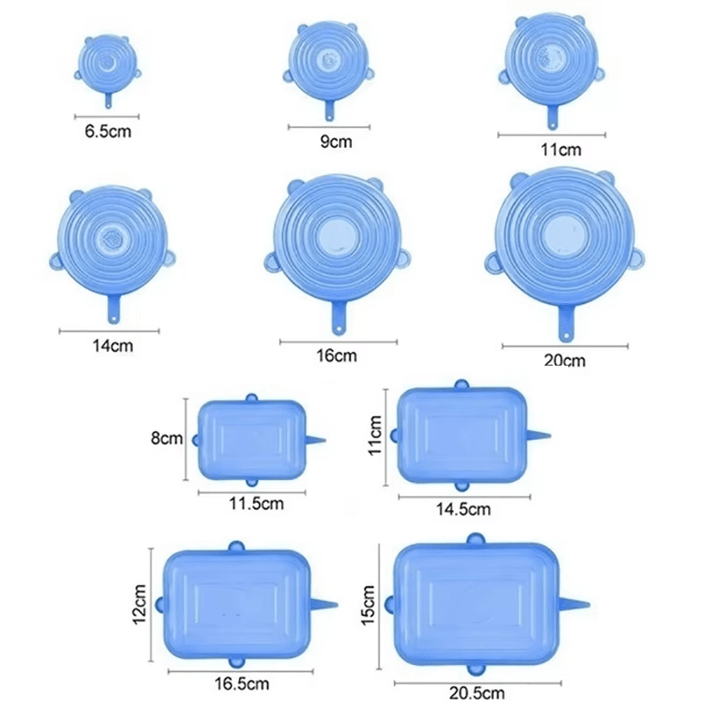 Set 10 Tapas Elásticas de Silicona Reutilizables, Fáciles de Lavar, Apto para Microondas, Nevera y Lavavajillas, Hecho de Silicona Resistente y Flexible, 4 Tapas Elásticas Rectangulares Azules, 6 Tapas Elásticas Circulares Azules