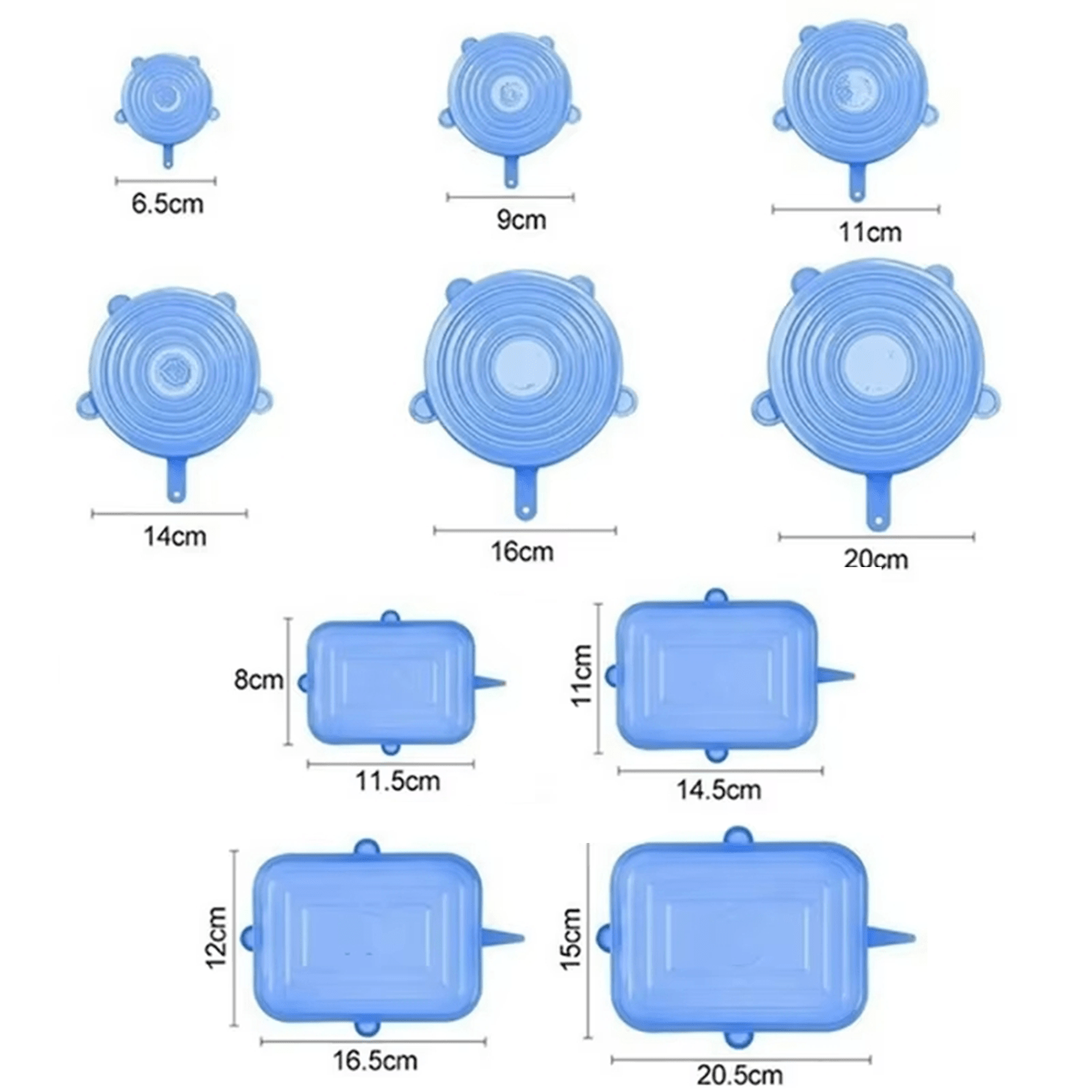 Set 10 Tapas Elásticas de Silicona Reutilizables, Fáciles de Lavar, Apto para Microondas, Nevera y Lavavajillas, Hecho de Silicona Resistente y Flexible, 4 Tapas Elásticas Rectangulares Azules, 6 Tapas Elásticas Circulares Azules