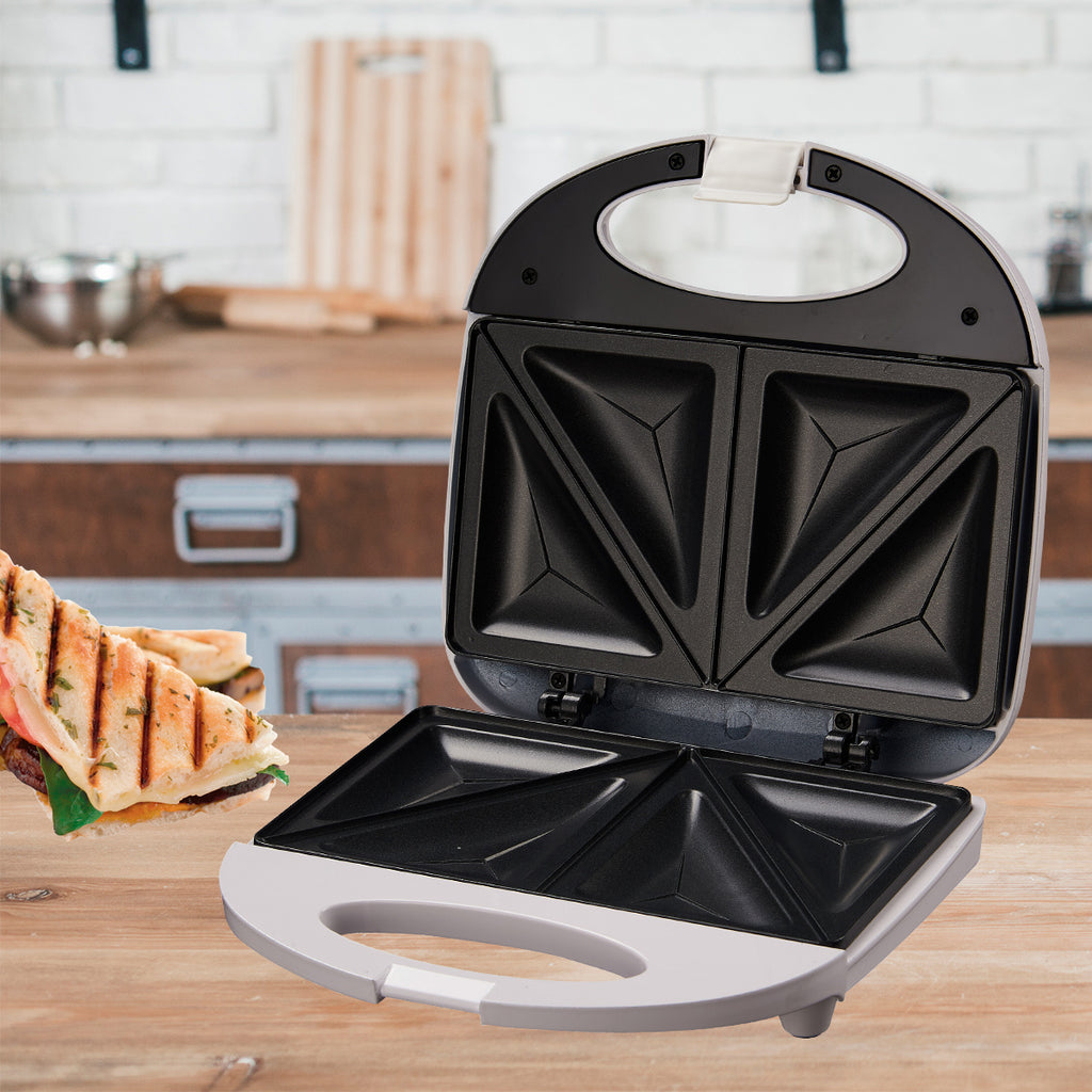 Sandwichera Electrica 750W, Tostadora con Revestimiento Antiadherente de Fácil Limpieza, Placas con Forma Triangular, Indicador LED, Exterior Frío al Tacto, Patas de Plástico Antideslizantes