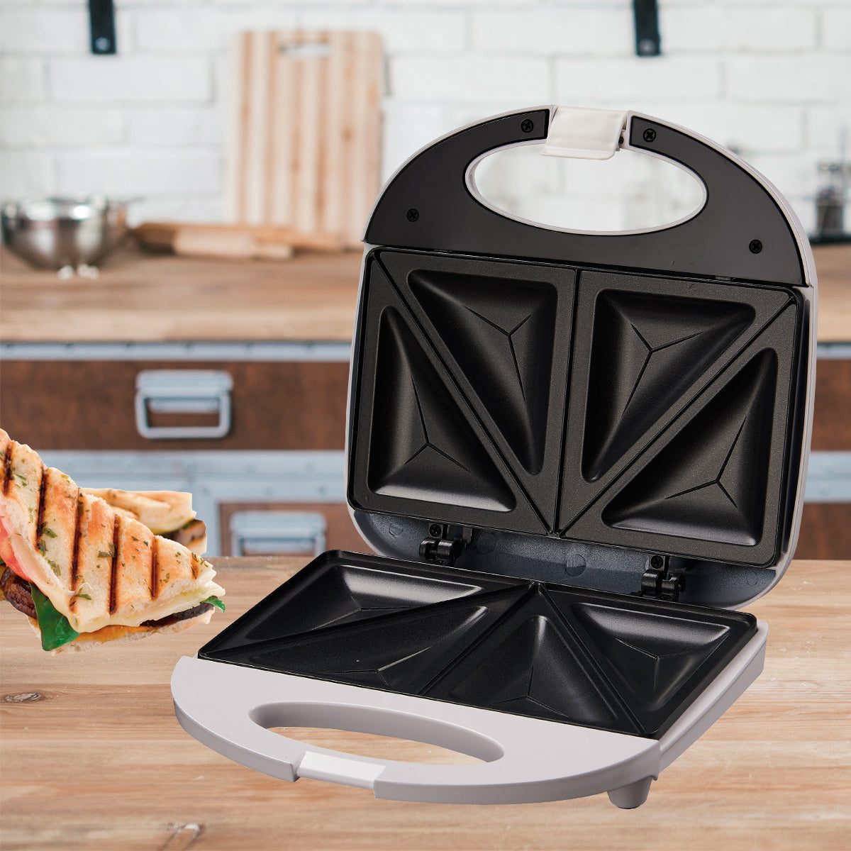 Sandwichera Electrica 750W, Tostadora con Revestimiento Antiadherente de Fácil Limpieza, Placas con Forma Triangular, Indicador LED, Exterior Frío al Tacto, Patas de Plástico Antideslizantes