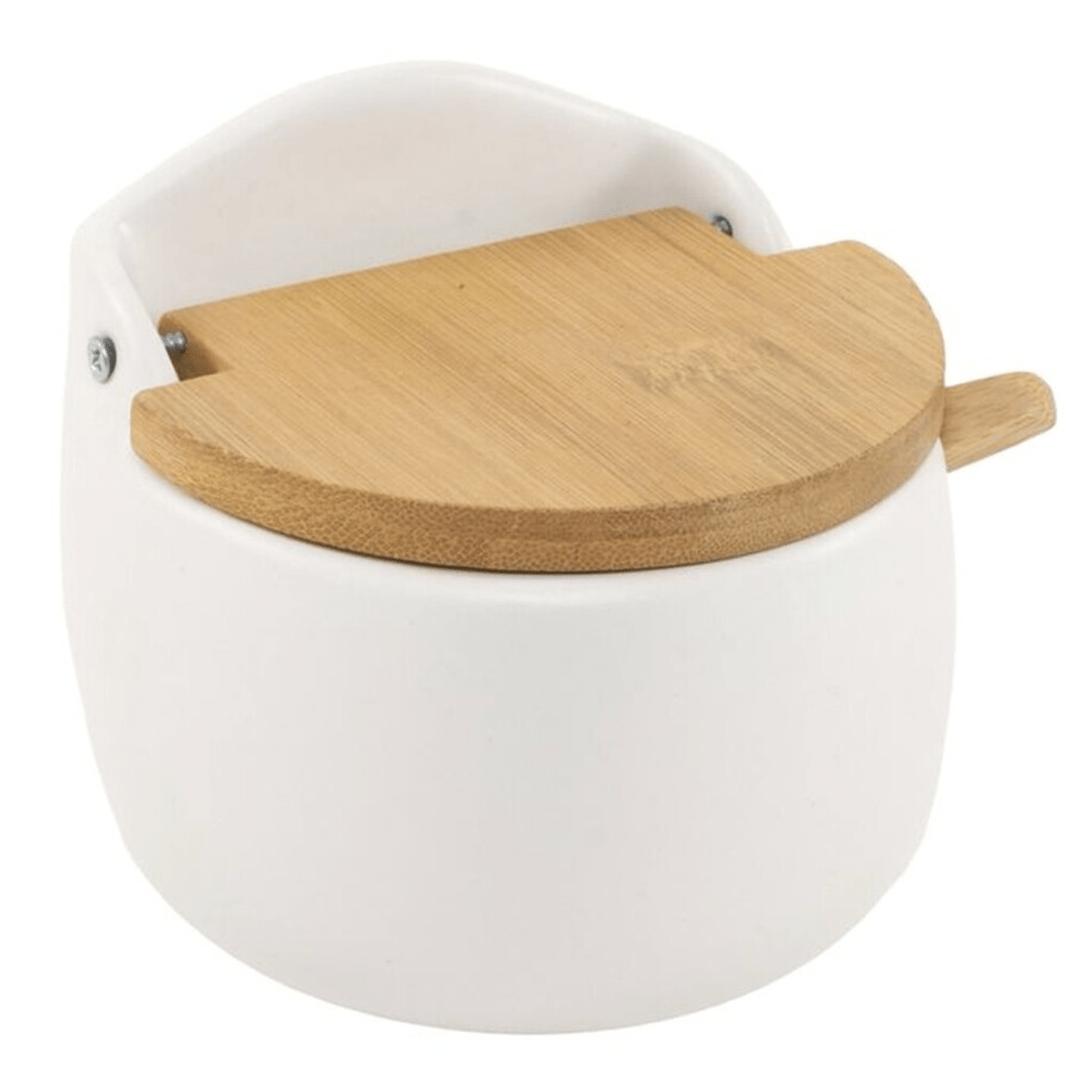 Azucarero Cocina con Tapa y Cuchara, Hecho de Cerámica y Madera, Recipiente para Especias y Aliños, Blanco, 9.7 x 11 x 9cm
