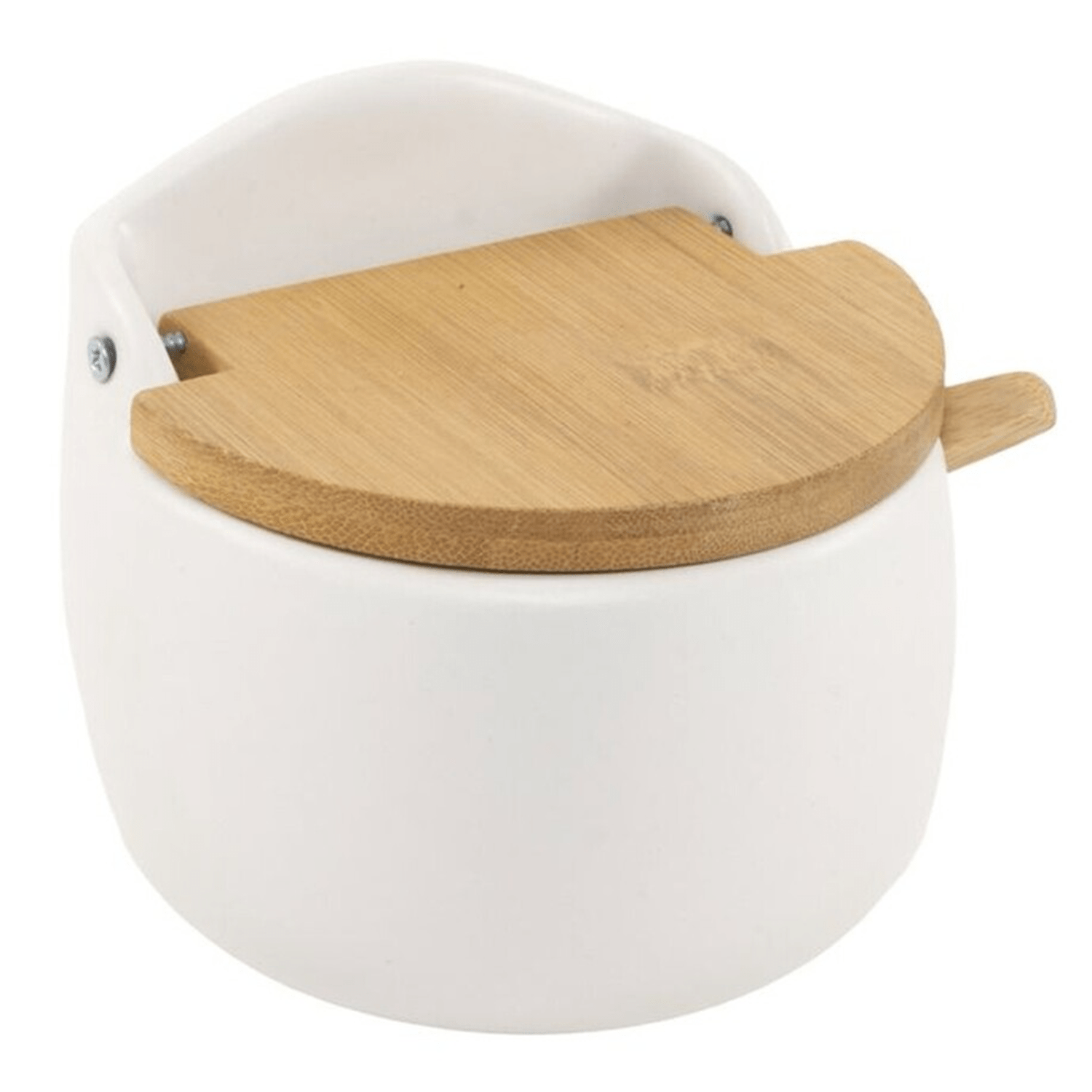 Azucarero Cocina con Tapa y Cuchara, Hecho de Cerámica y Madera, Recipiente para Especias y Aliños, Blanco, 9.7 x 11 x 9cm