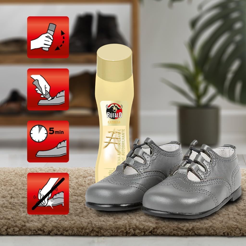 Búfalo Crema para Zapatos Autobrillante Incoloro, Formulada con Aceite Natural de Almendras, Cuidado del Calzado, Brillo Intenso Inmediato, Frasco de 50ml