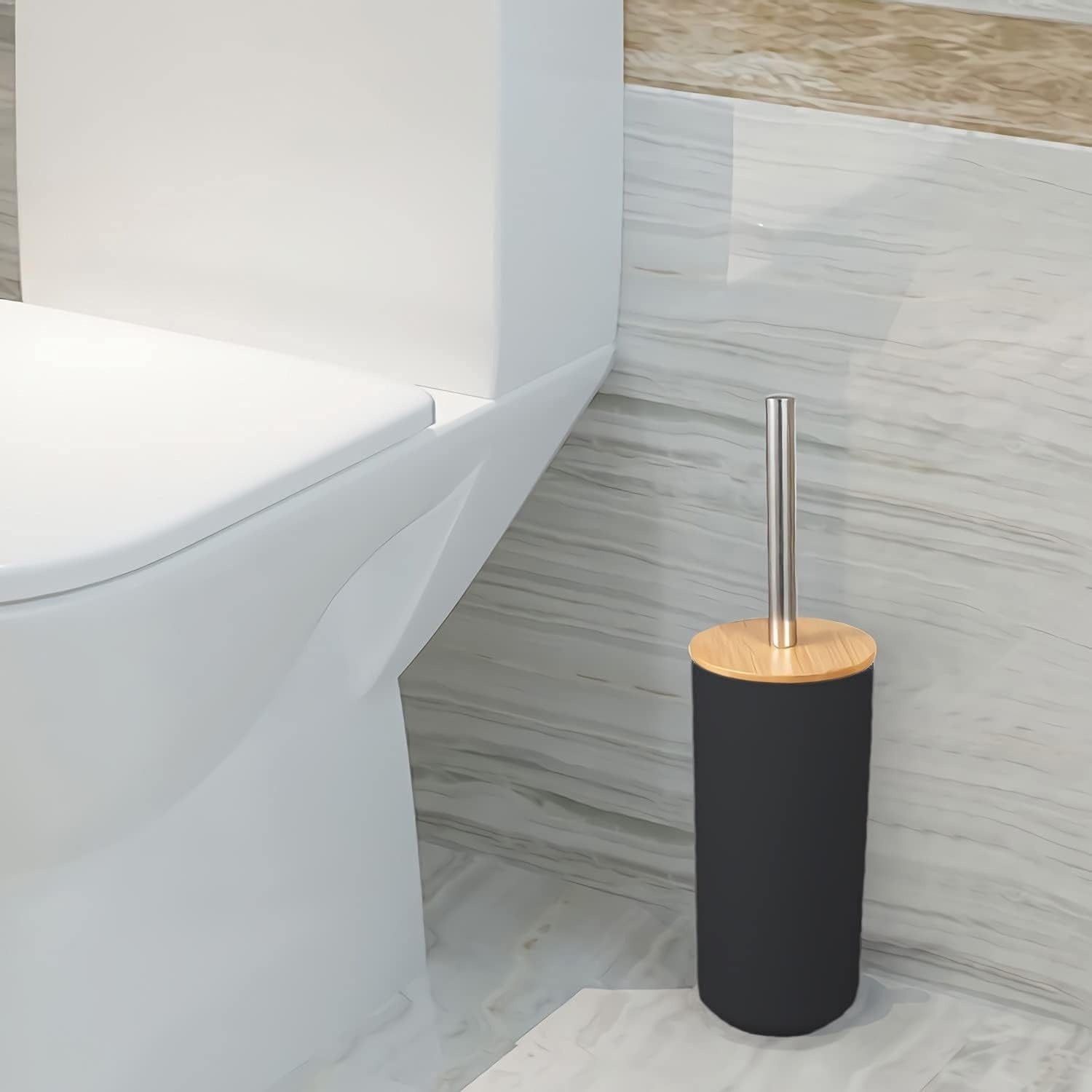 Set de Baño Completo, Conjunto Accesorios Baño Diseño Moderno y Elegante, Incluye Soporte para Cepillos de Dientes, Dispensador de Jabón Líquido, Vaso, Jabonera y Escobilla de Baño, Color Negro, Fabricado en Plastico Resistente y Bambú