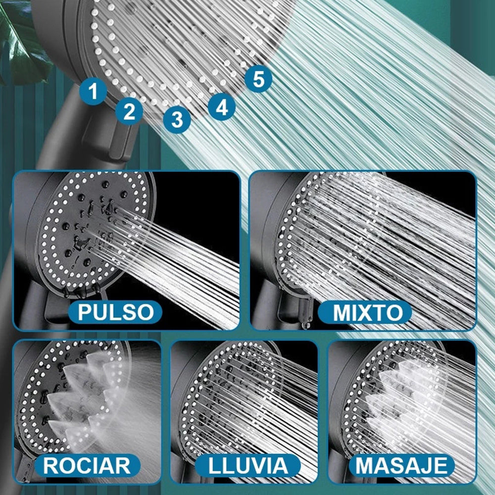 Cabezal de Ducha Alta Presión Universal, 5 Ajustes de Chorro, Modo Ahorro con Botón Stop, Fácil de Instalar para Baño