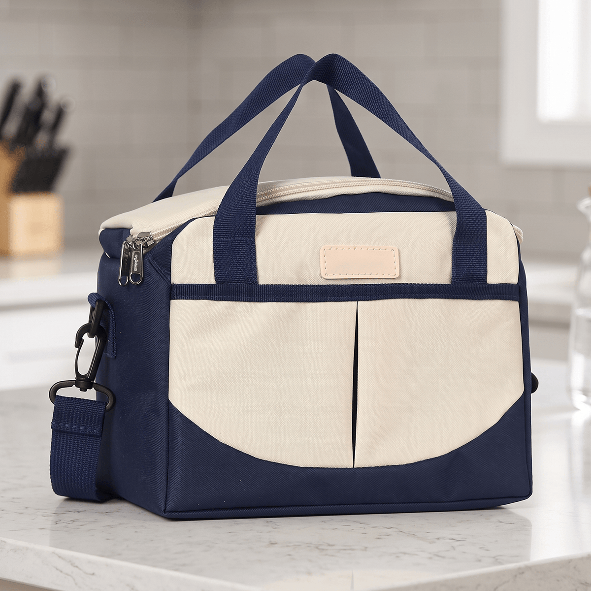 Bolsa Térmica Comida de 30L de Capacidad, Bolsa Aislamiento Isotérmico Hermética, Resistente y Espaciosa, ideal para Picnic, Playa, Camping y Excursión, Azul y Crema