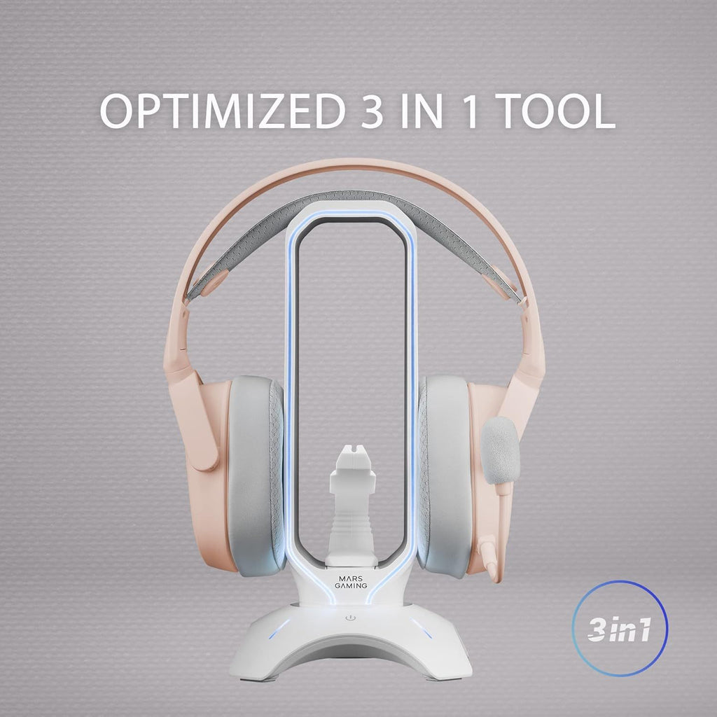 Mars Gaming MHHPRO, Soporte Auriculares 3en1 con Iluminación RGB Flow Touch, Bungee para Ratón, HUB con 2 USB 3.0, Base Antideslizante y Diseño Compacto, Blanco