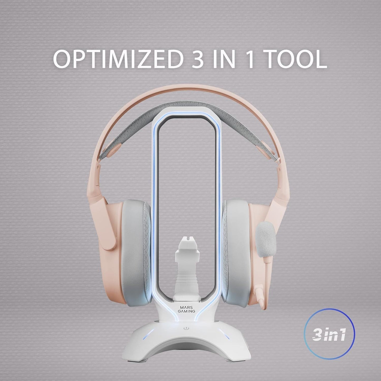 Mars Gaming MHHPRO, Soporte Auriculares 3en1 con Iluminación RGB Flow Touch, Bungee para Ratón, HUB con 2 USB 3.0, Base Antideslizante y Diseño Compacto, Blanco