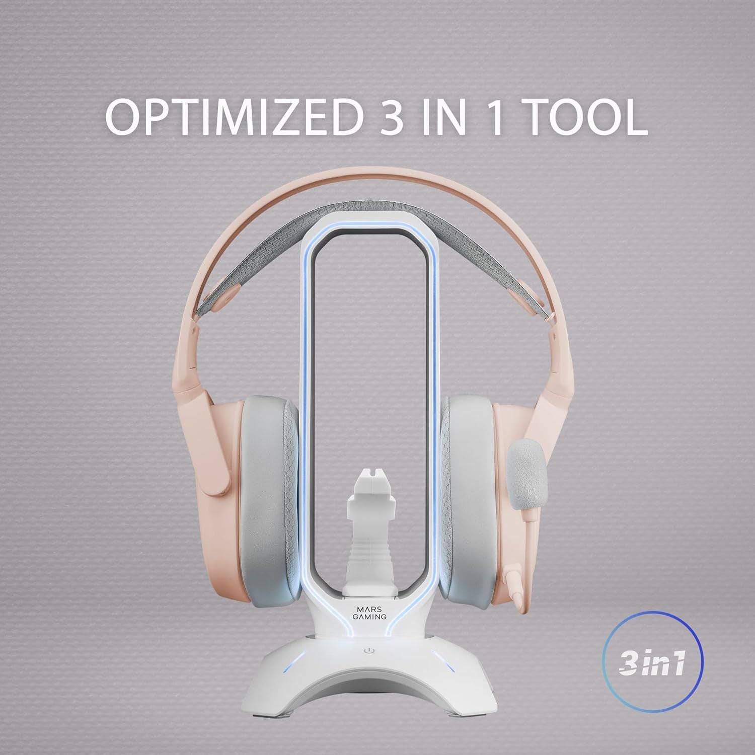 Mars Gaming MHHPRO, Soporte Auriculares 3en1 con Iluminación RGB Flow Touch, Bungee para Ratón, HUB con 2 USB 3.0, Base Antideslizante y Diseño Compacto, Blanco