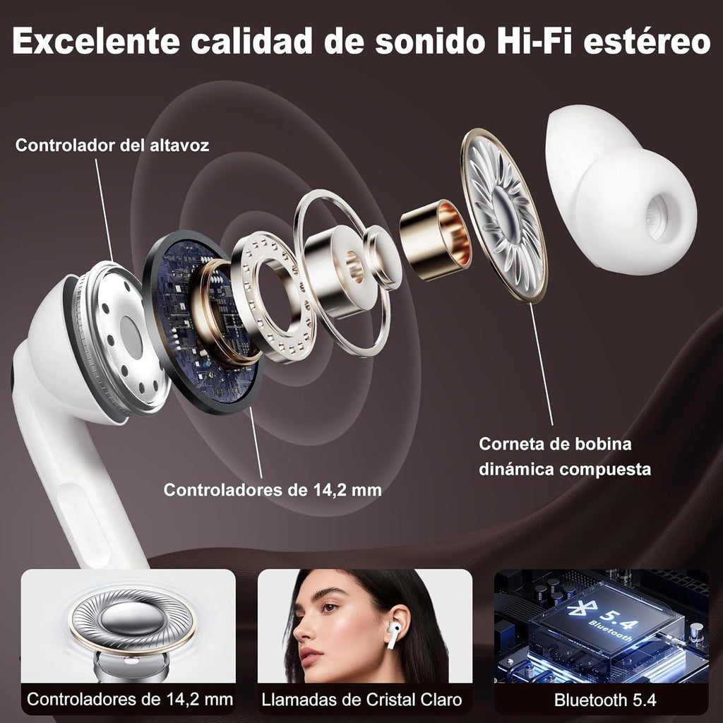 Auriculares Inalambricos de Bluetooth con Estuche de Carga, Distancia de Transmisión: 10m, 7h de Tiempo de Uso, Pantalla Táctil, Rango de Respuesta de Frecuencia: 20Hz-20KHZ, Carga USB, Capacidad de Batería de los Auriculares: 40mAh