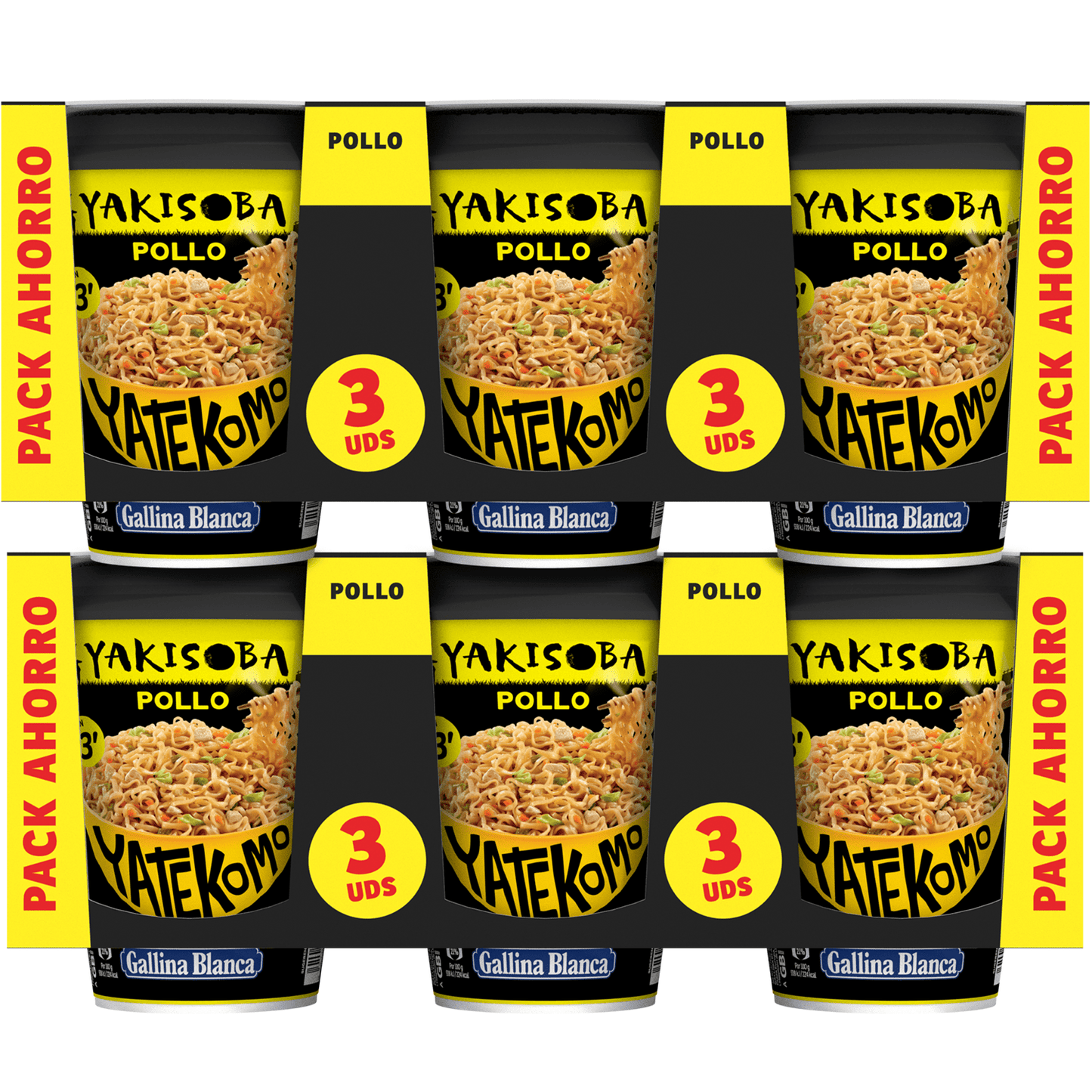 Fideos Orientales Yatekomo Yakisoba Pollo, 93g, Listo en 3 Minutos, Pack Ahorro de 6 Unidades