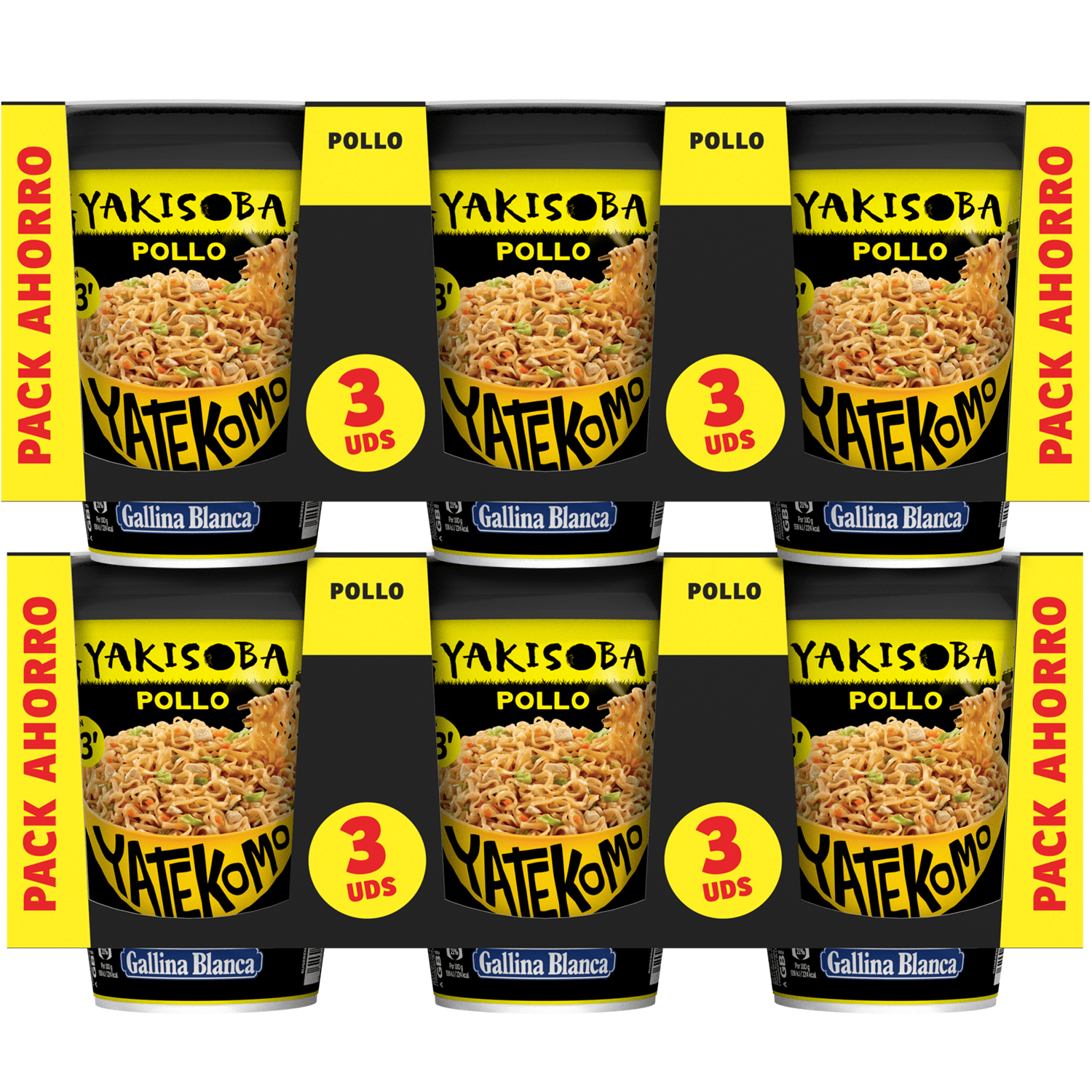 Fideos Orientales Yatekomo Yakisoba Pollo, 93g, Listo en 3 Minutos, Pack Ahorro de 6 Unidades