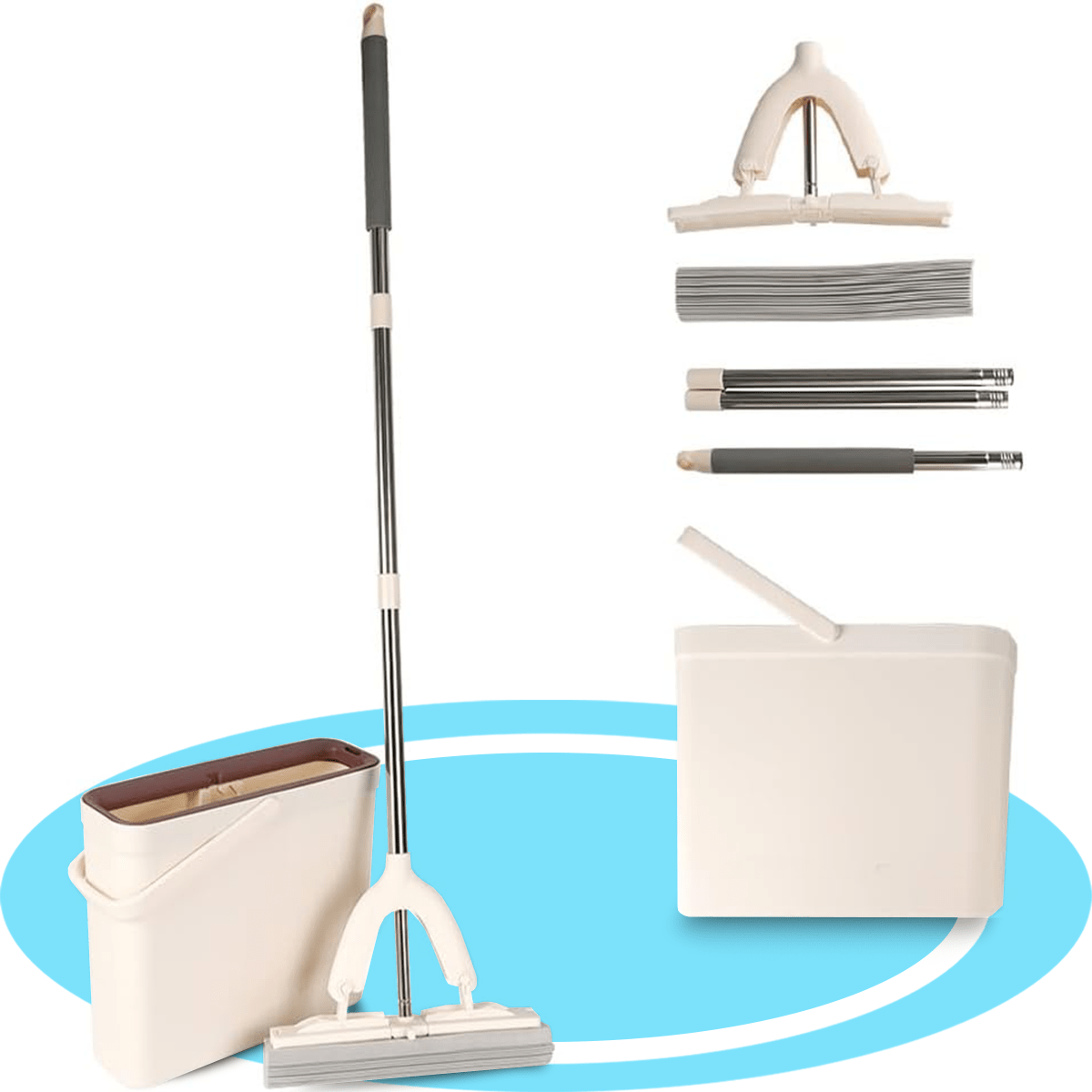 Mopa Esponja Autoescurrido, Fregona Mopa Esponja Autoescurrible para Limpiar Suelos, Paredes, Ventanas, Techos y Muebles. Cubo con Sistema de Lavado y Escurrido de Mopa, Limpia en Seco y Mojado, Fabricado en PP, Acero y Esponja de PVA