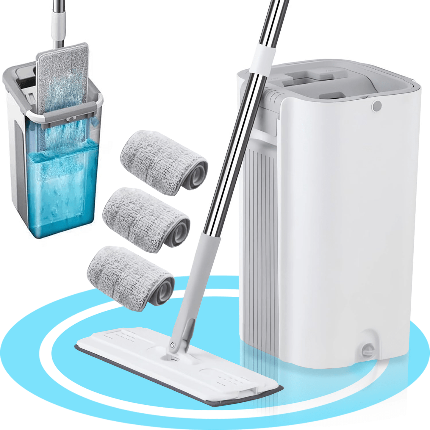 Fregona y Cubo de Limpieza Escurridor con Compartimentos, Cabezal Plano y Flexible Rotación 360. Cubo Escurrefacil. Ideal para Limpiar Suelos, Paredes, Techos, Ventanas, Incluye Recambios Extra