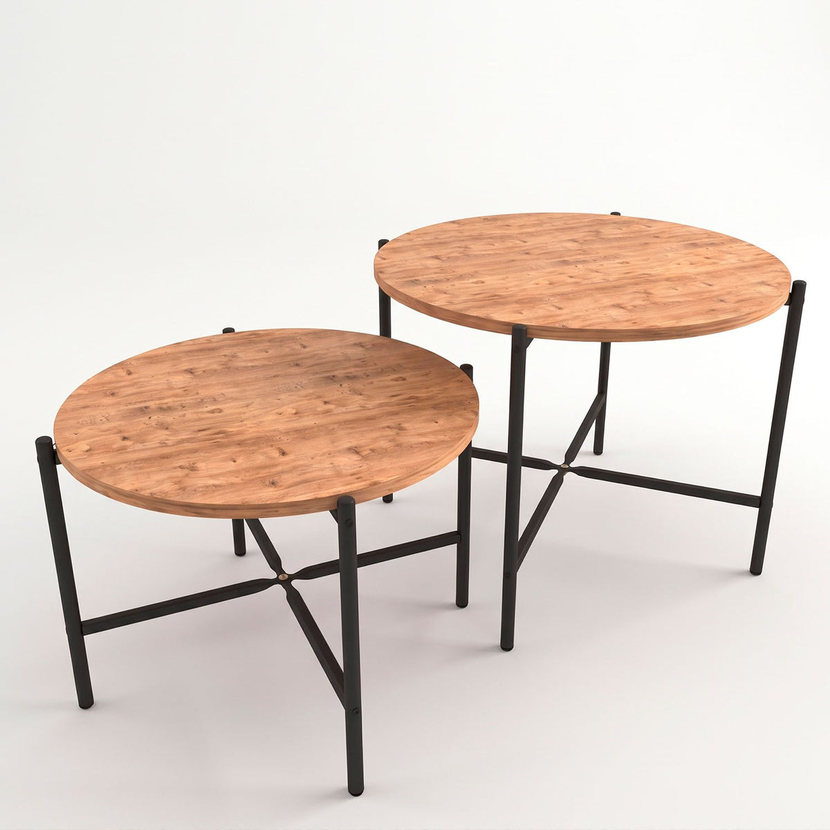 Juego de 2 Mesas Auxiliares Redondas, Mesas de Centro para Salón y Sala de Estar, Diseño Moderno con Acabado Efecto Madera y Estructura Negra, Pack de 2