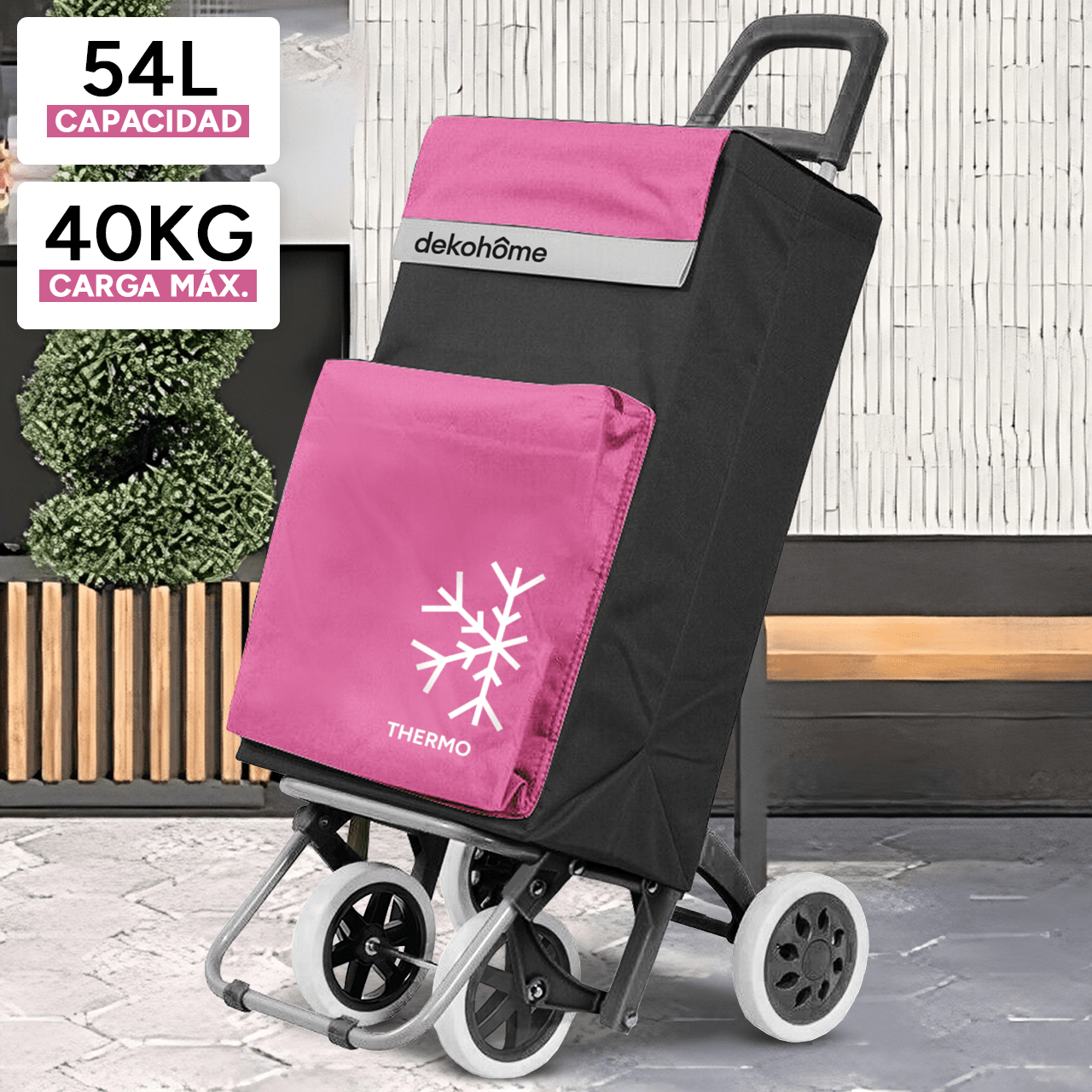 Carro Compra Plegable 4 Ruedas con Bolsillo Térmico para Congelados, Carro Plegable con Ruedas, 54 Litros de Capacidad y 40 Kg de Carga Máxima, Compartimentos Extra, Ruedas Grandes Resistentes para Facilitar el Movimiento y el Transporte del Peso